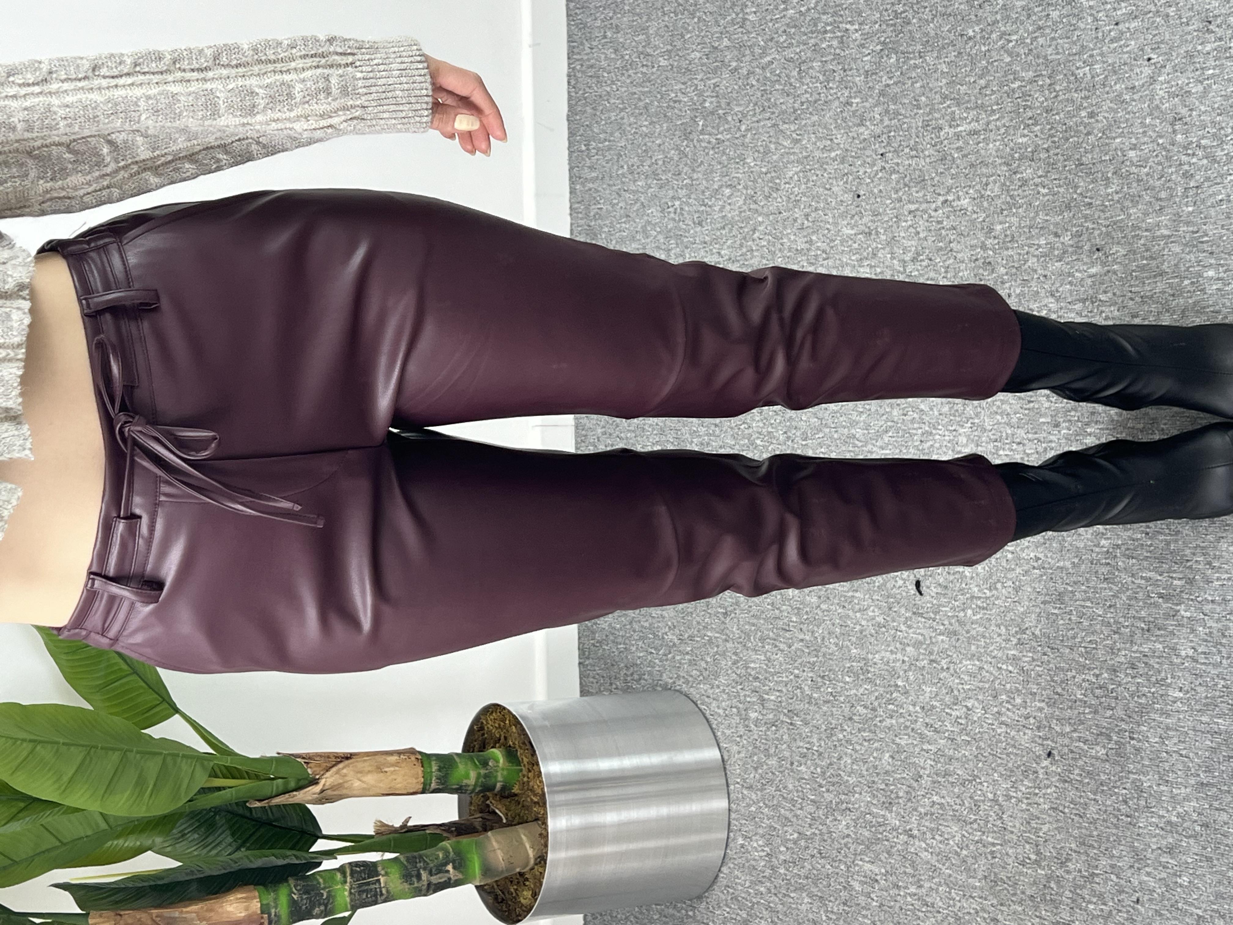 Beli Bağlamalı Bordo Deri pantolon