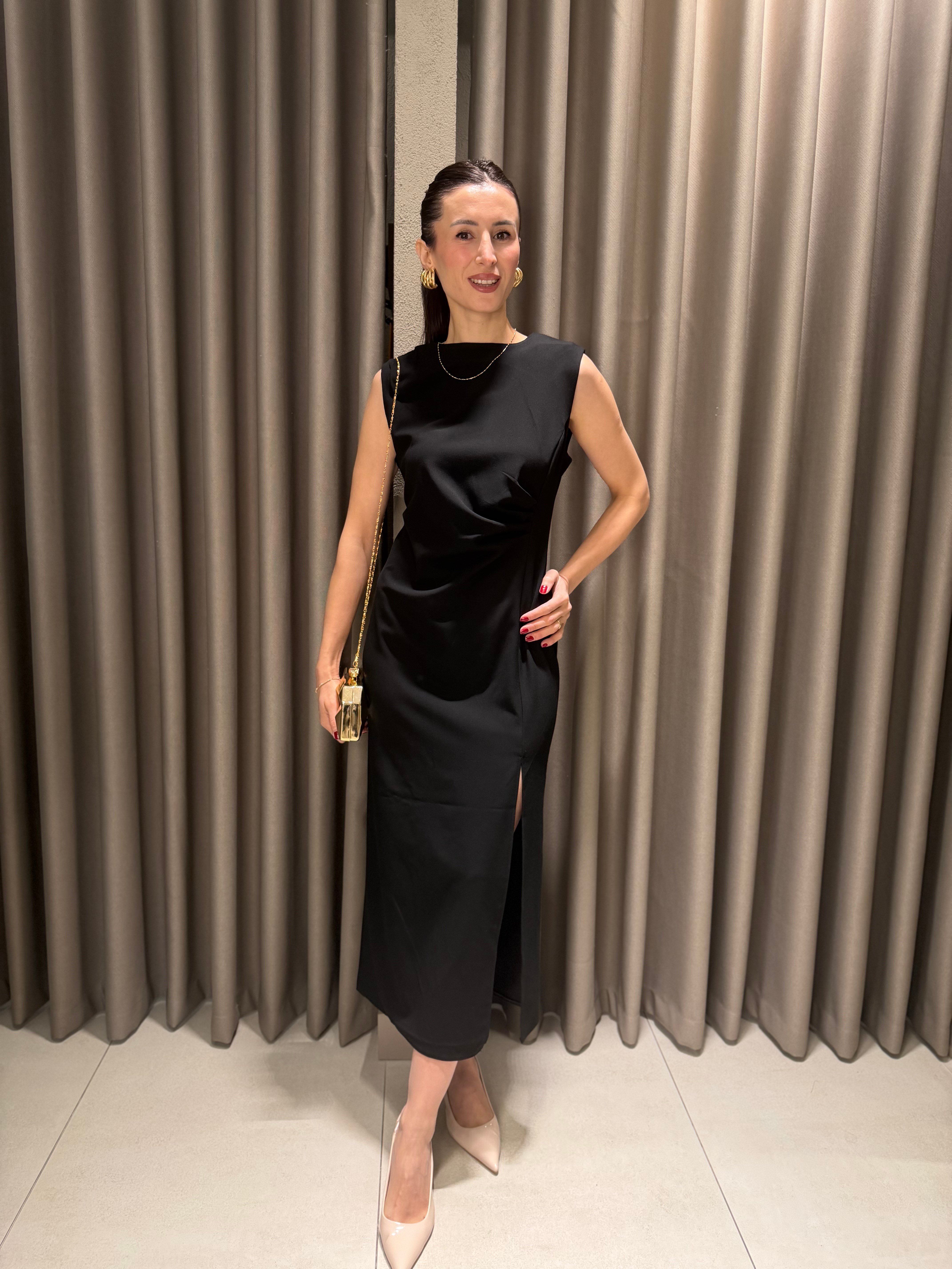 BELİ DRAPELİ MİDİ BOY ELBİSE SİYAH