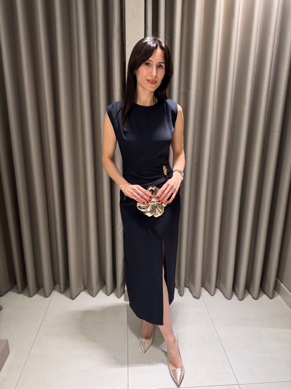 BELİ TOKALI MİDİ BOY ELBİSE LACİVERT 