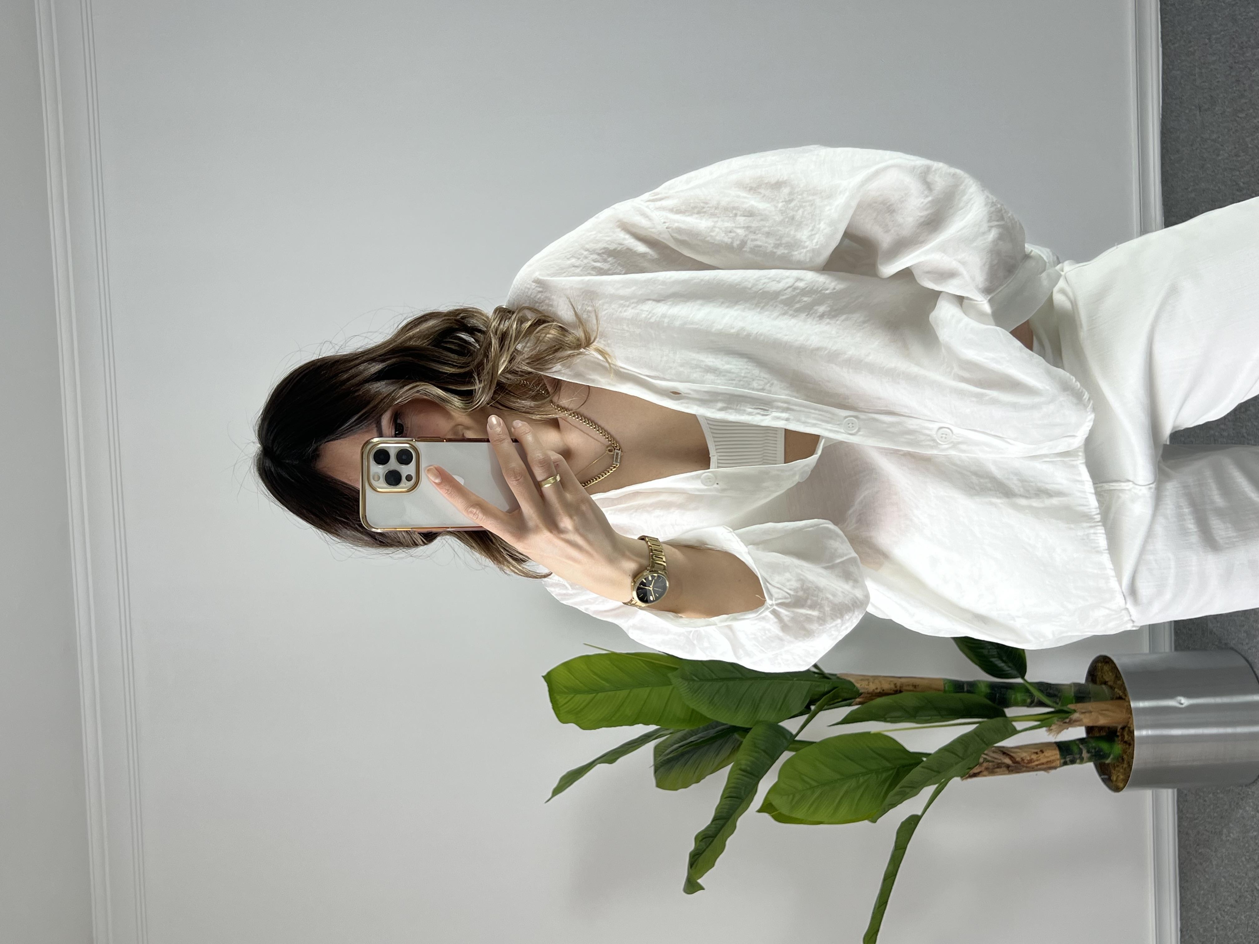 Beyaz Düşük Omuz Tensel Gömlek