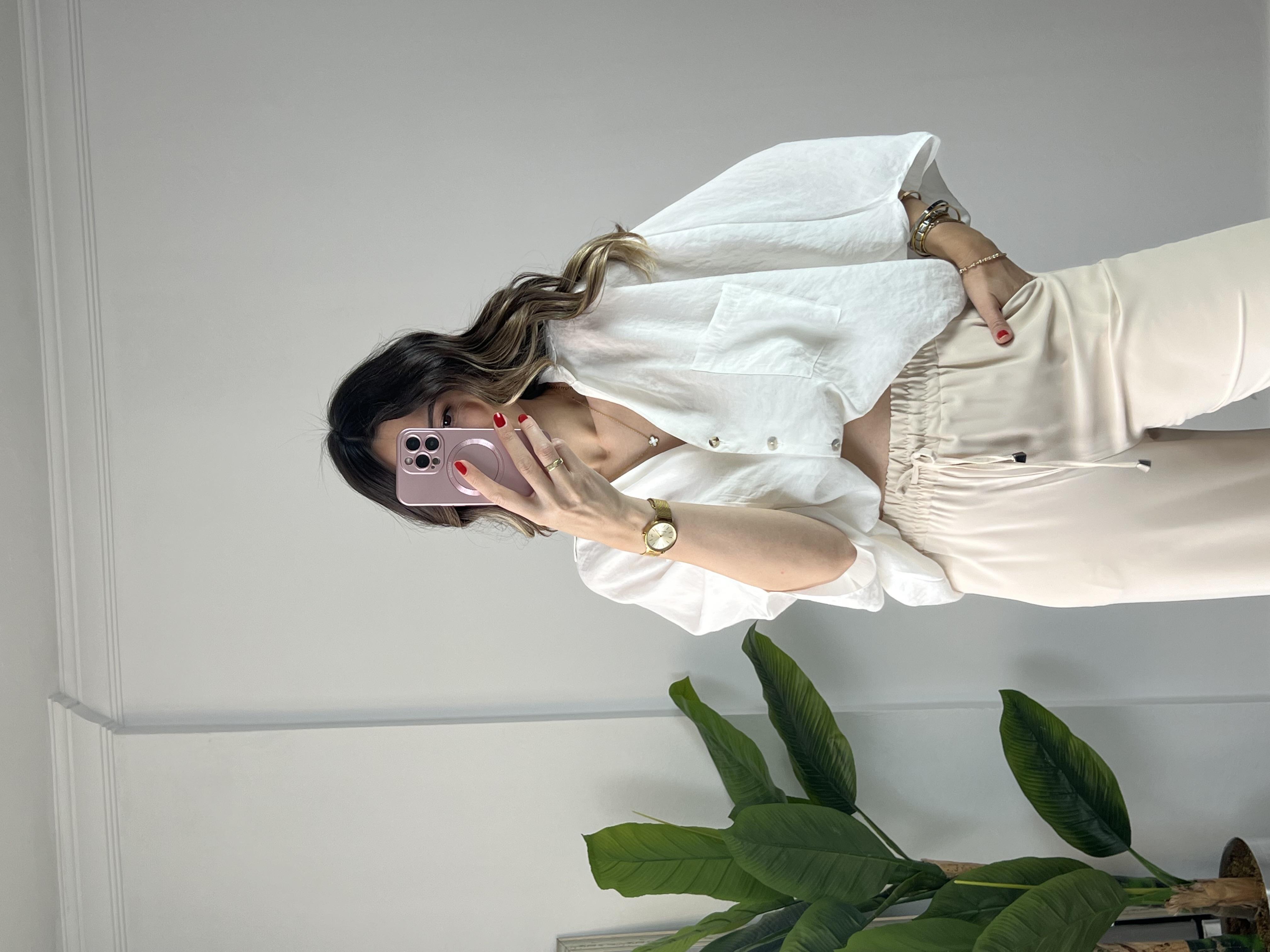 Beyaz Tensel Yarasa Kol Gömlek