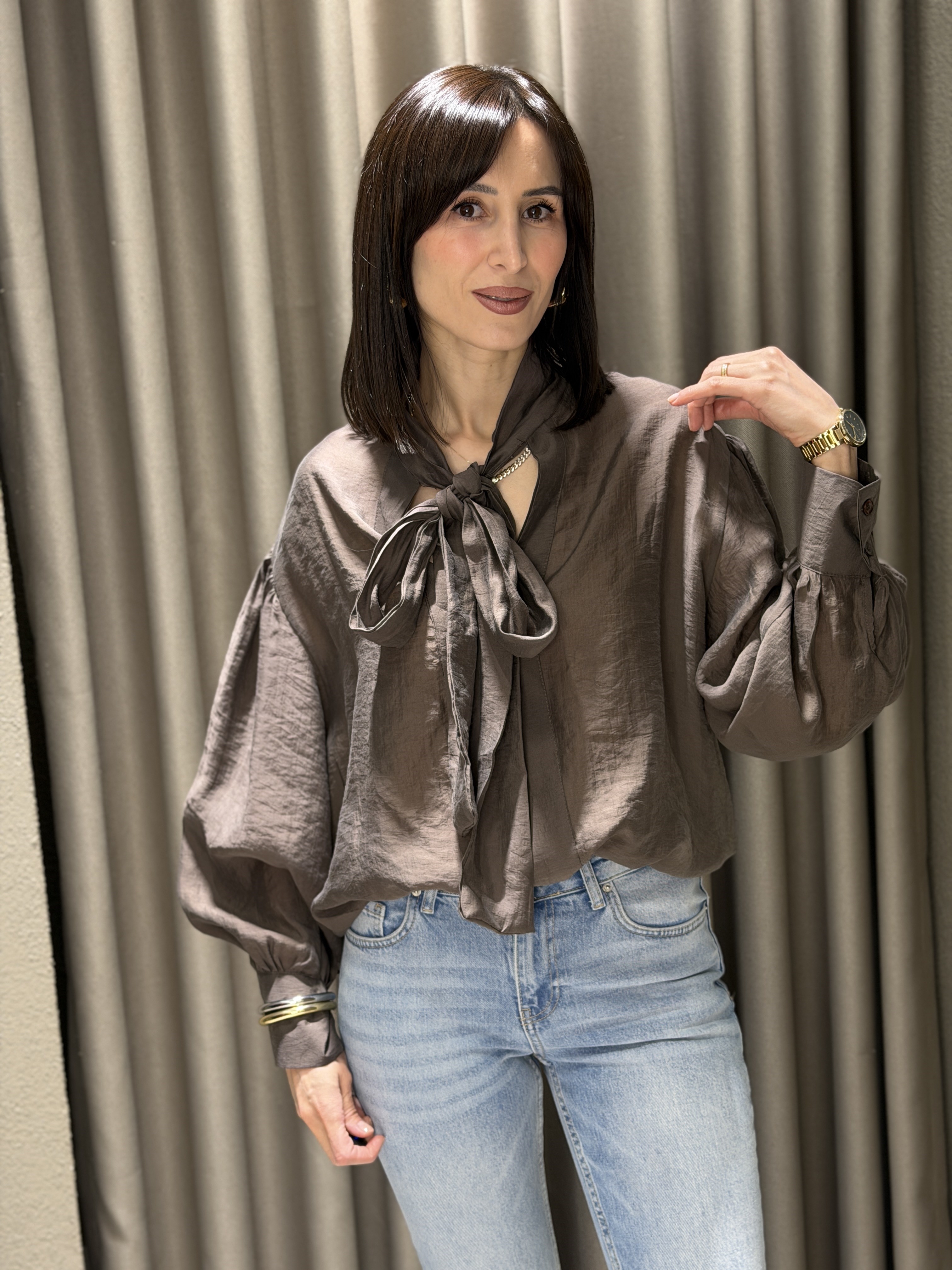 Boyundan Bağlamalı Tül Bluz KAHVE 