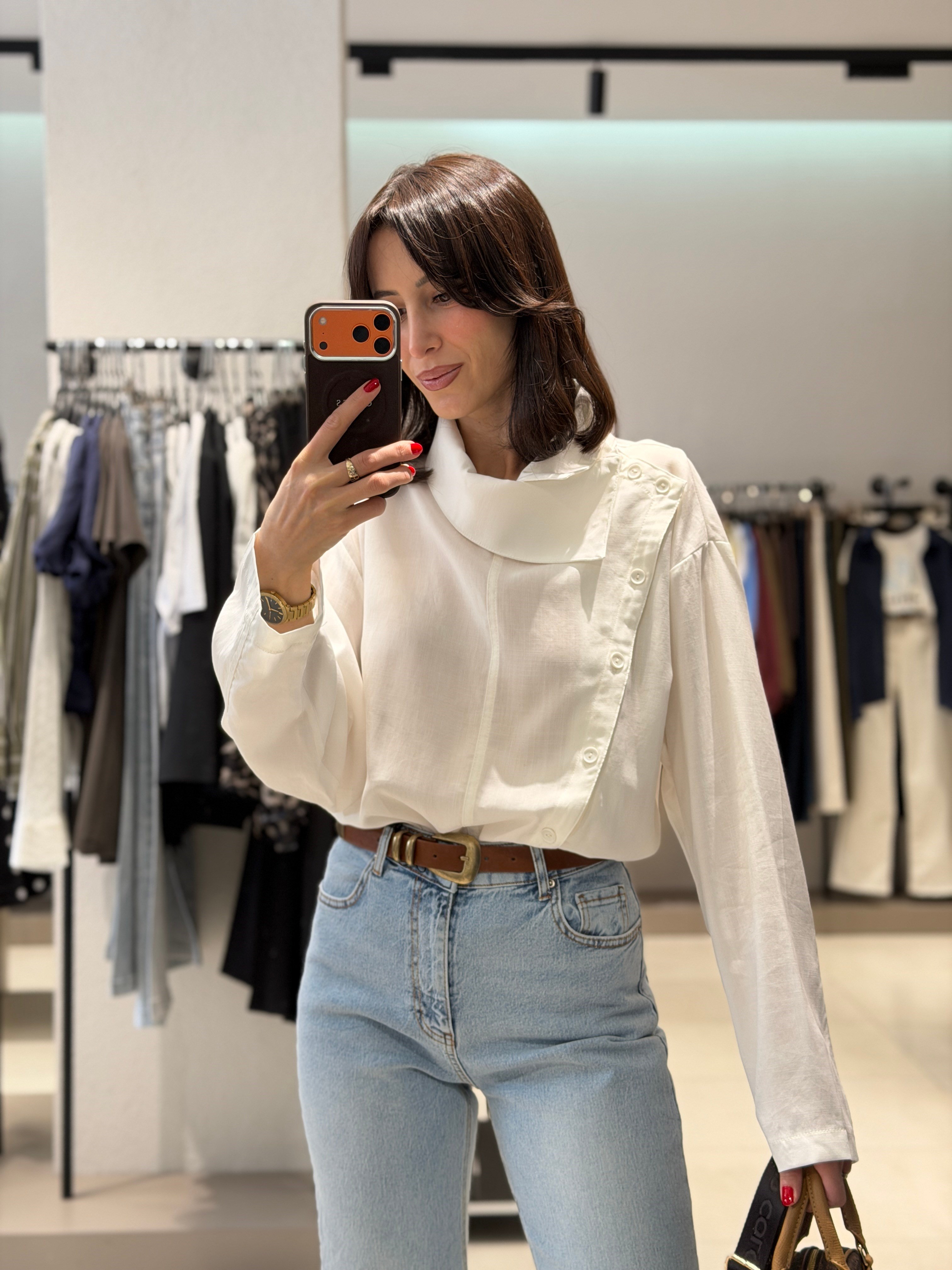 Çarpraz Düğmeli Tensel Gömlek EKRU