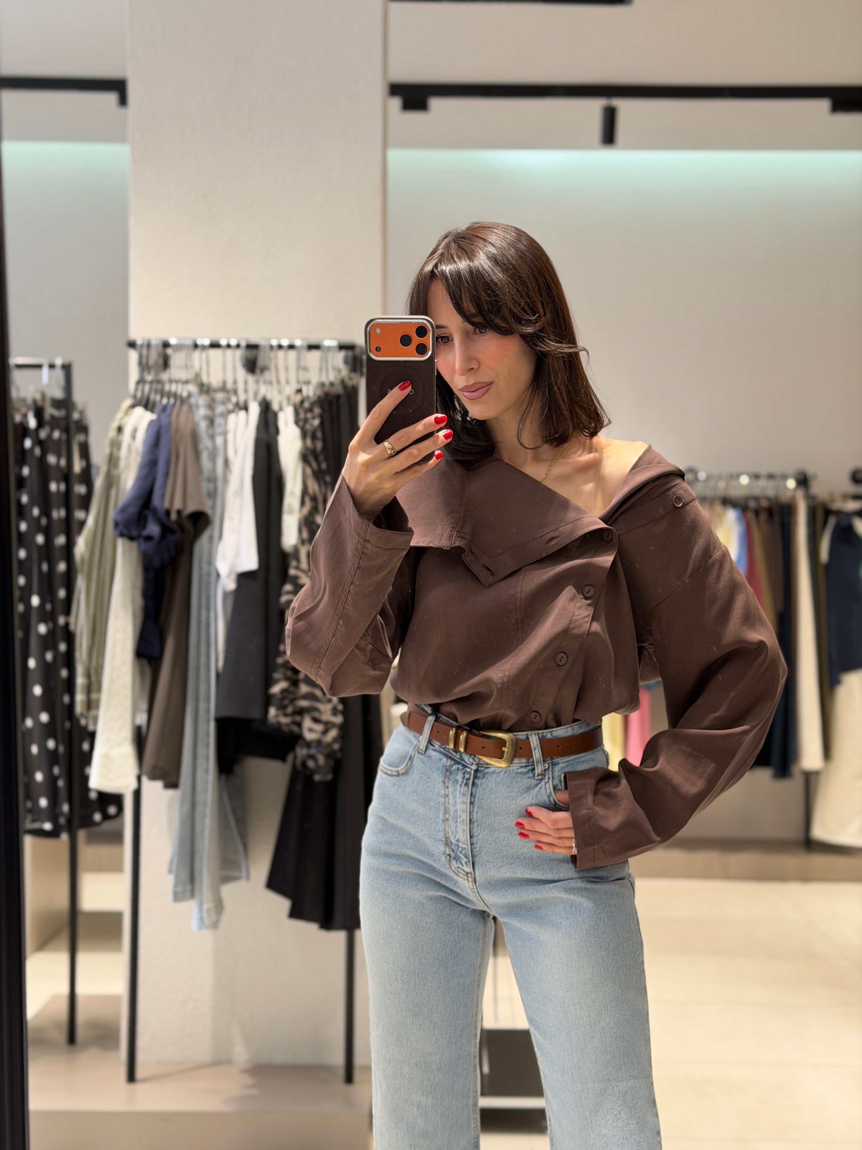 Çarpraz Düğmeli Tensel Gömlek KAHVE