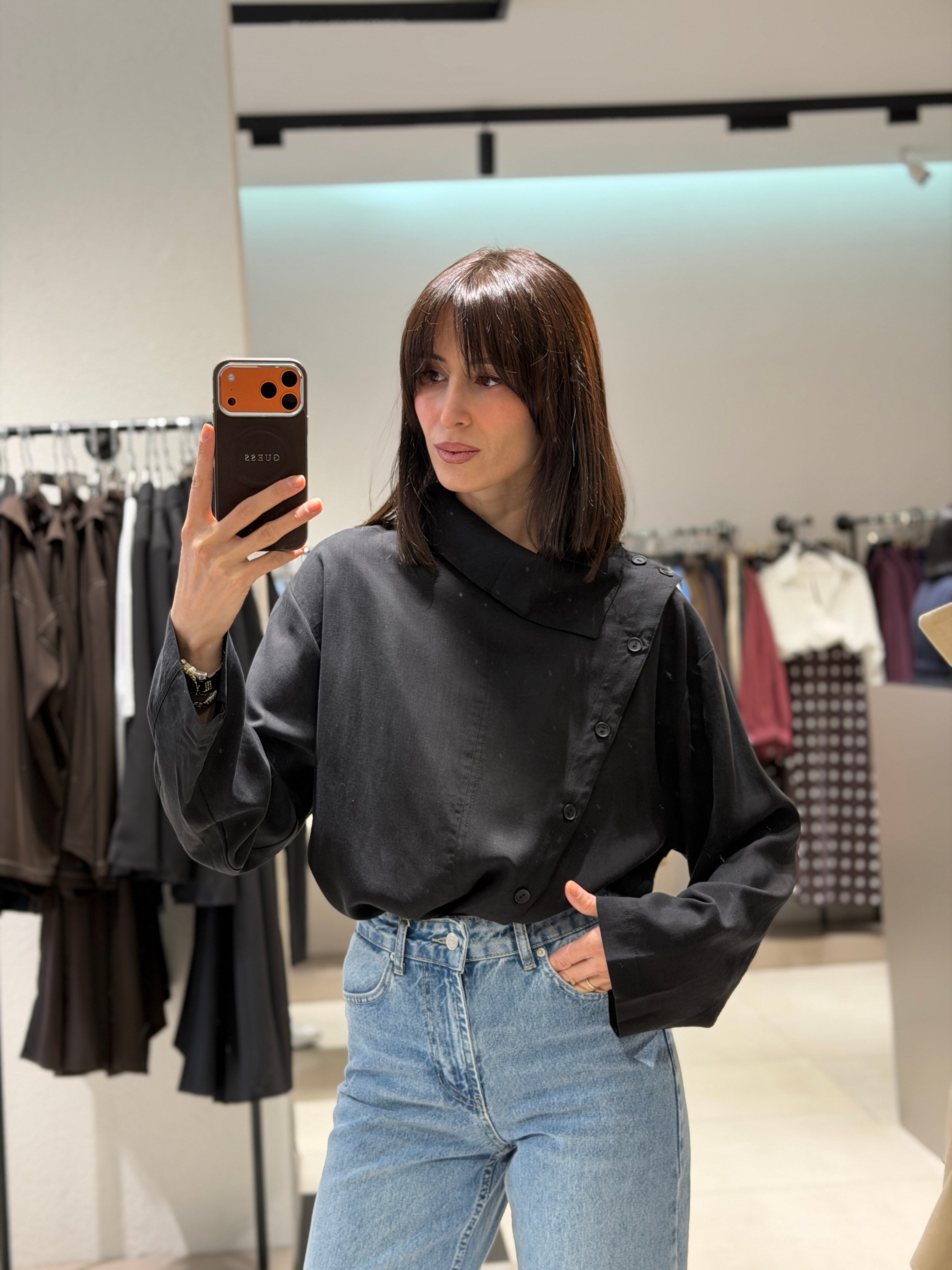 Çarpraz Düğmeli Tensel Gömlek SİYAH