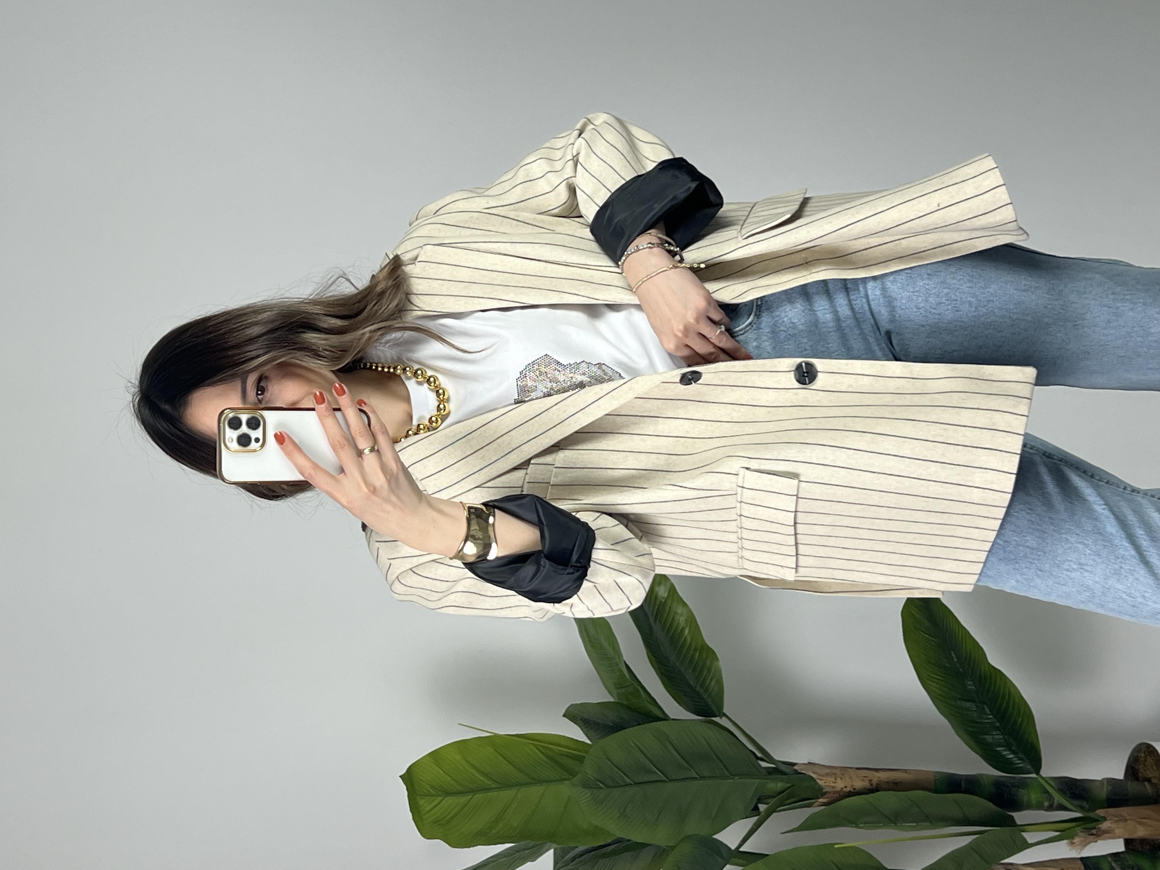 Çizgili Keten Blazer Ceket