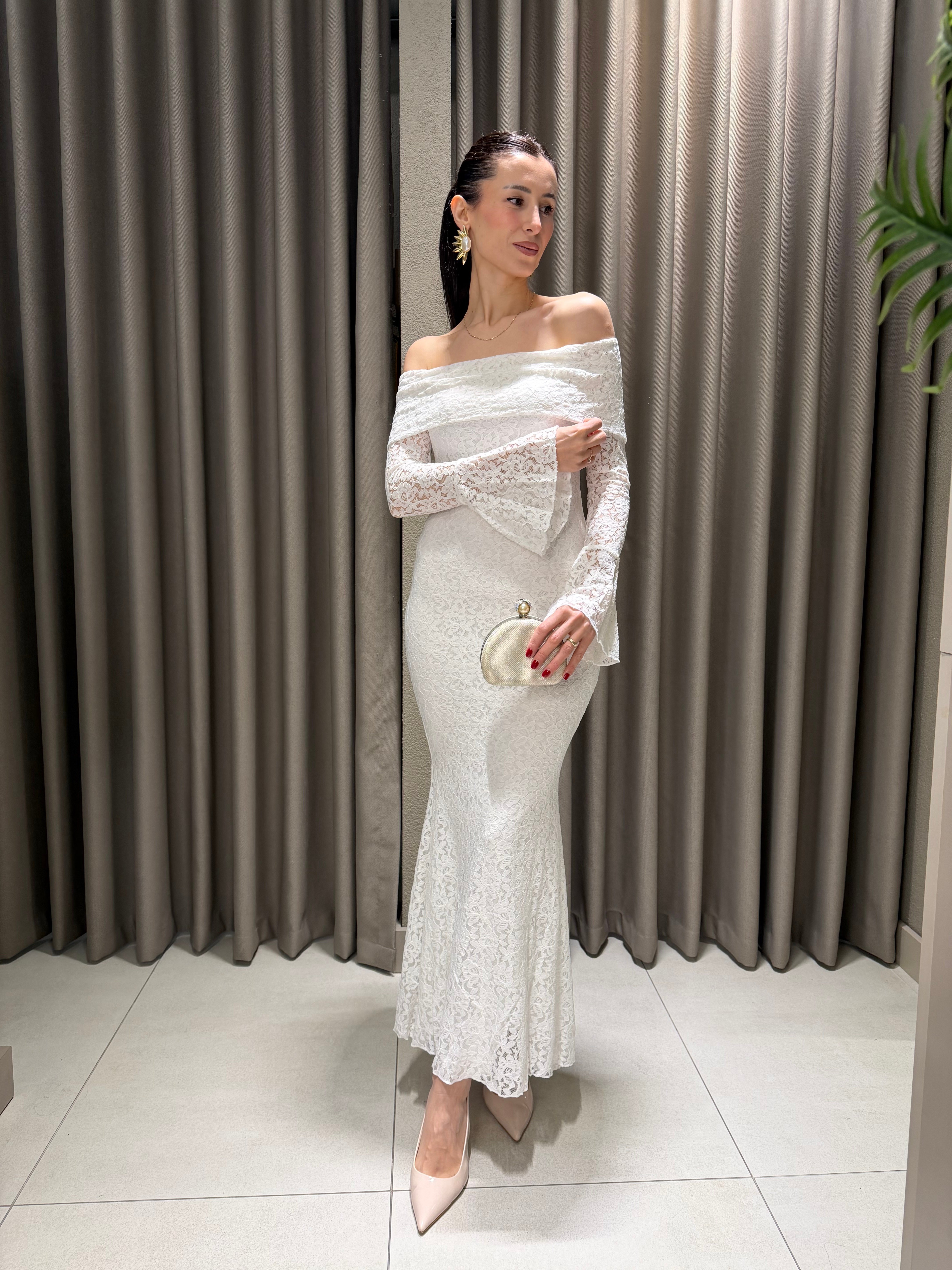 DANTEL İŞLEMELİ MİDİ BOY ELBİSE BEYAZ