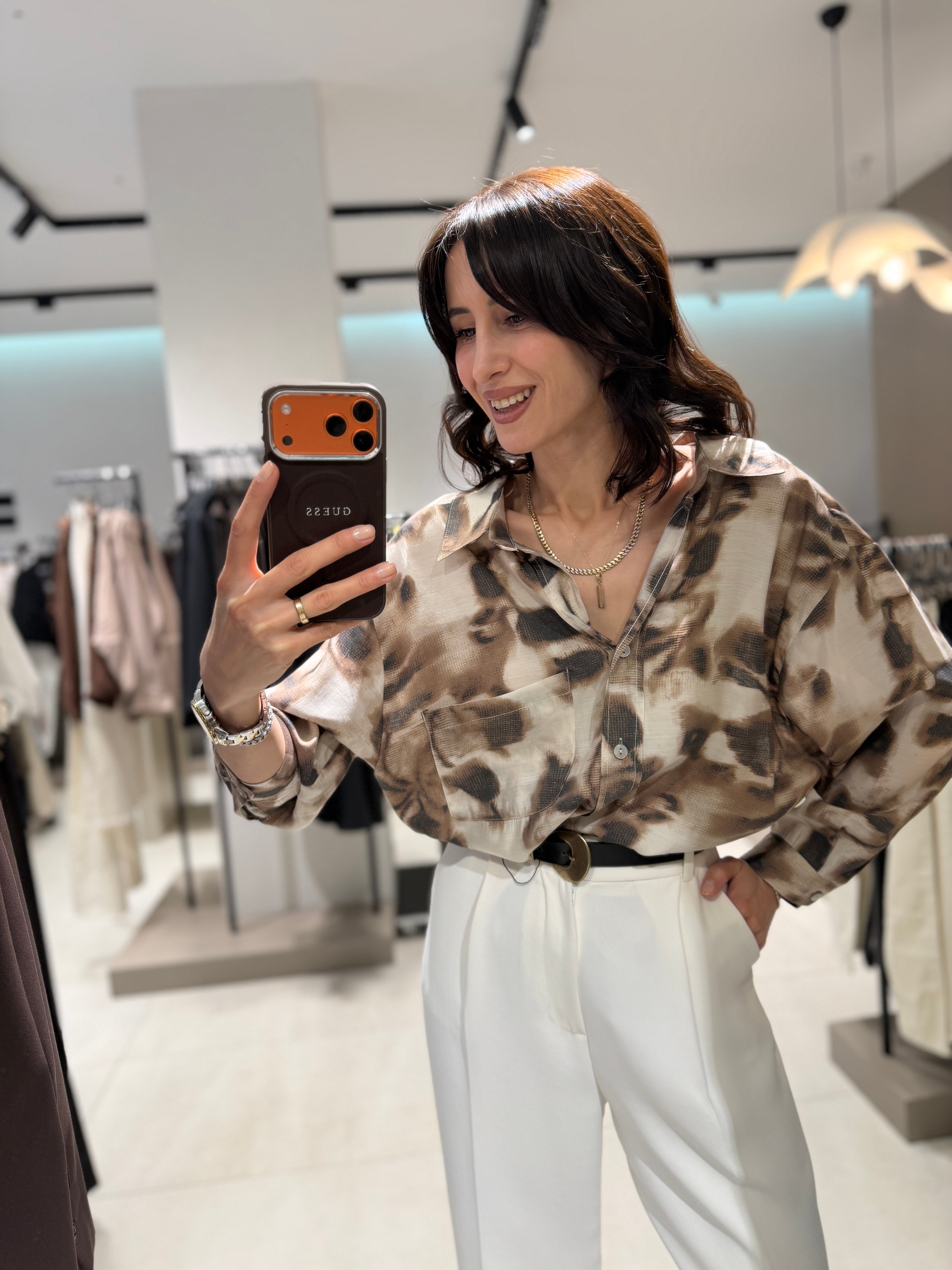 Desenli Owersize Gömlek KAHVE