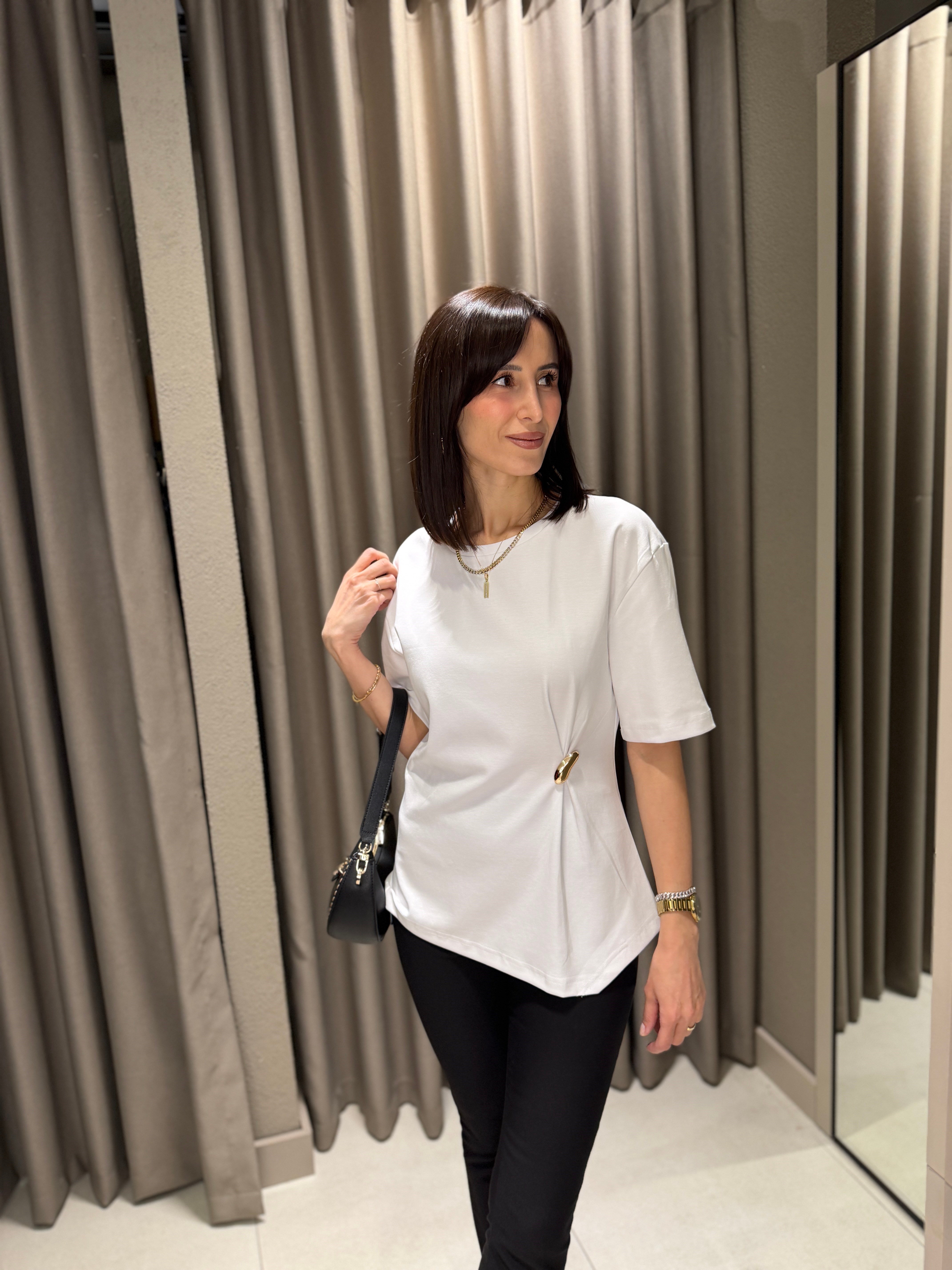 DİLVİN Beli Tokalı Premium Tshırt BEYAZ