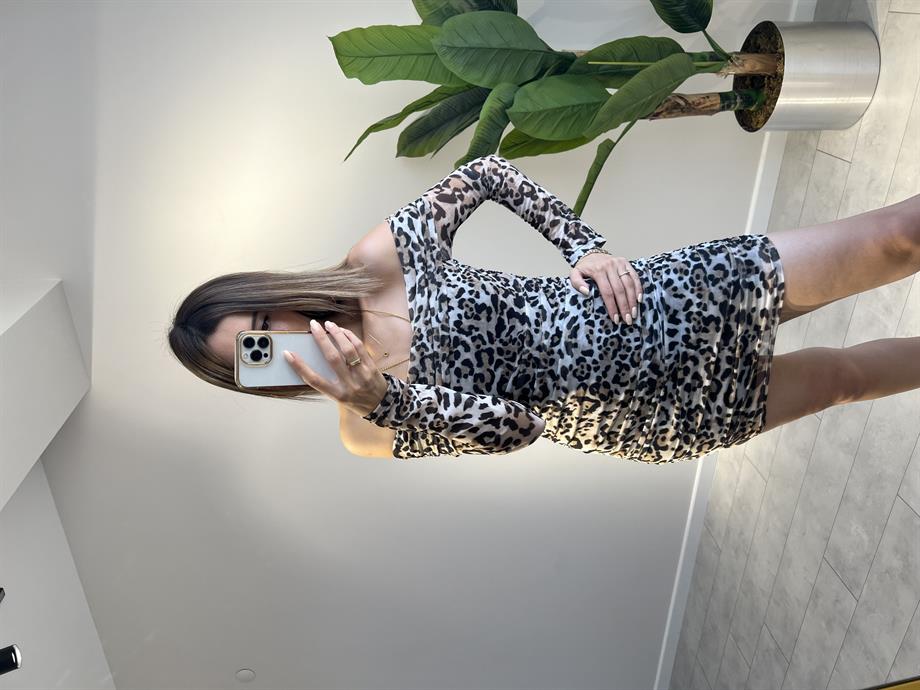 DRAPELİ LEOPAR MİNİ ELBİSE