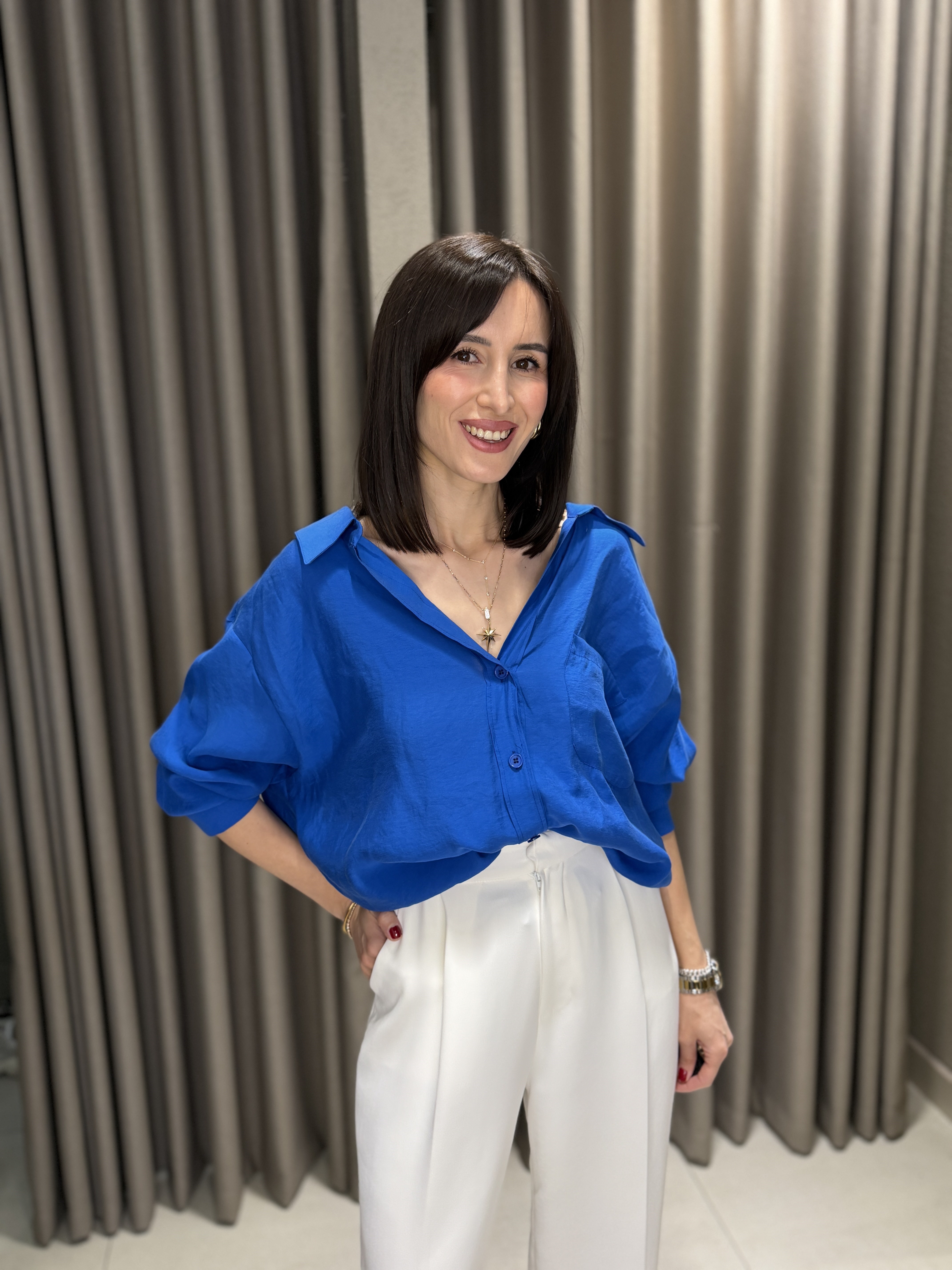 Düşük Omuz Tensel Gömlek MAVİ