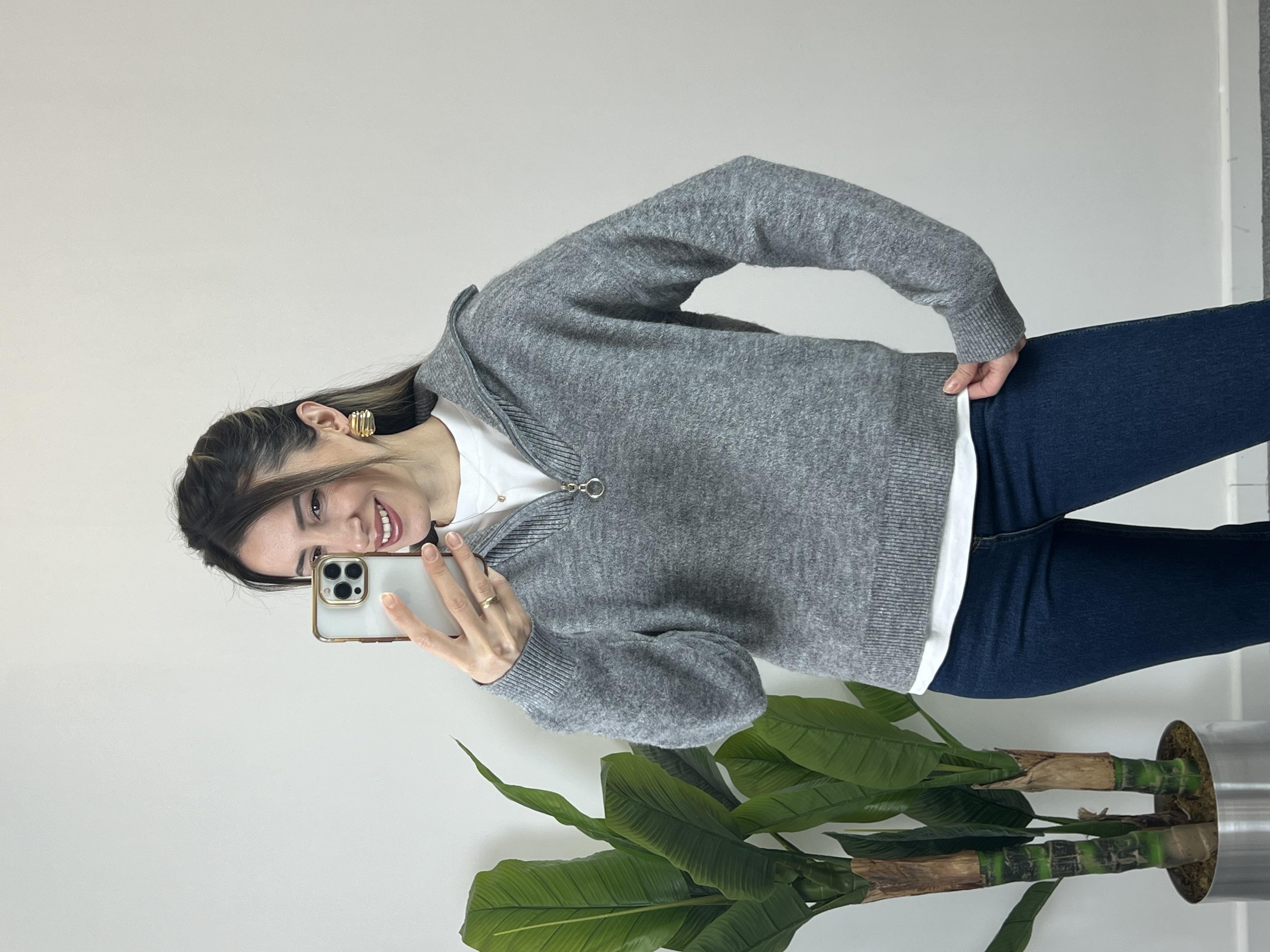 Fermuarlı Gri Havlu Doku Kazak