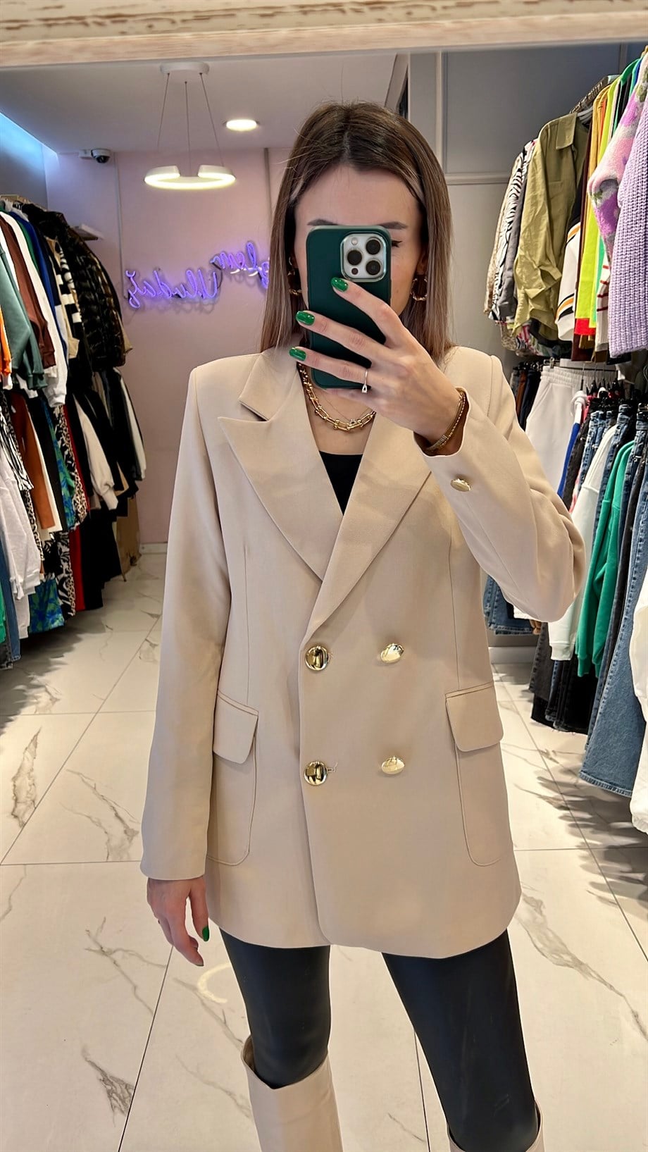 Gold Düğme Krem Blazer 