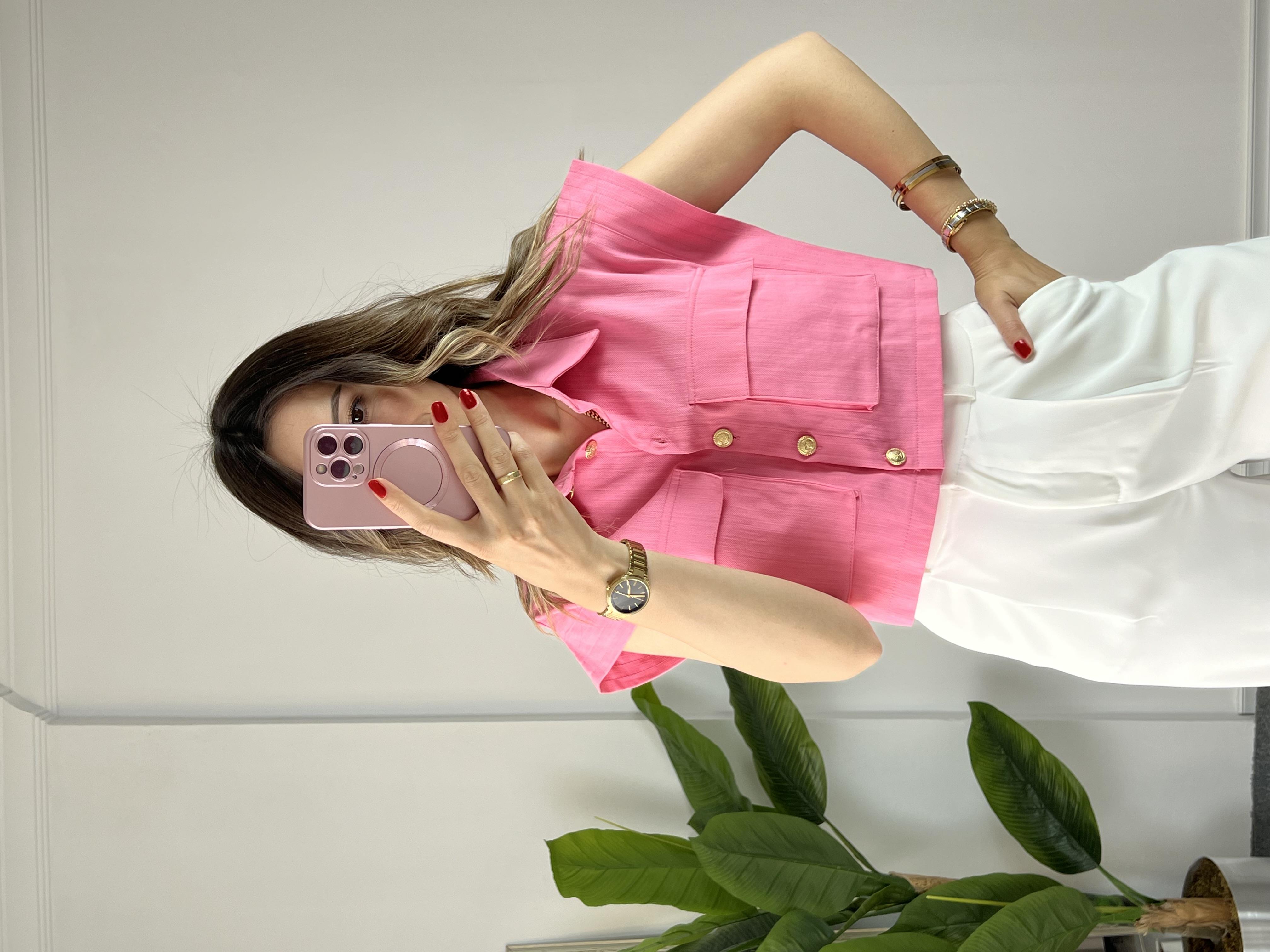 Gold Düğmeli Pembe Yelek