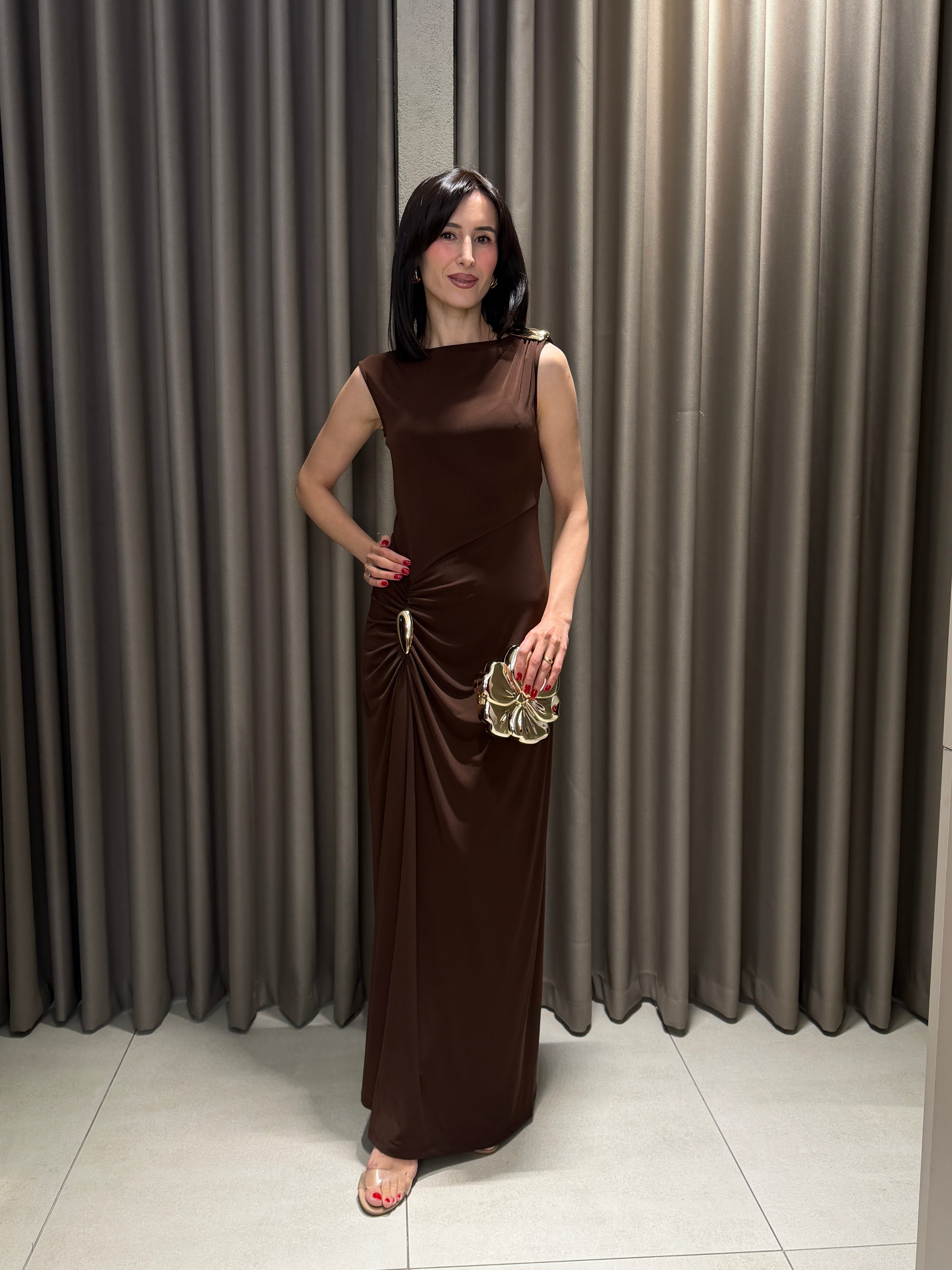 Gold Toka Detay Askılı Midi Elbise KAHVE