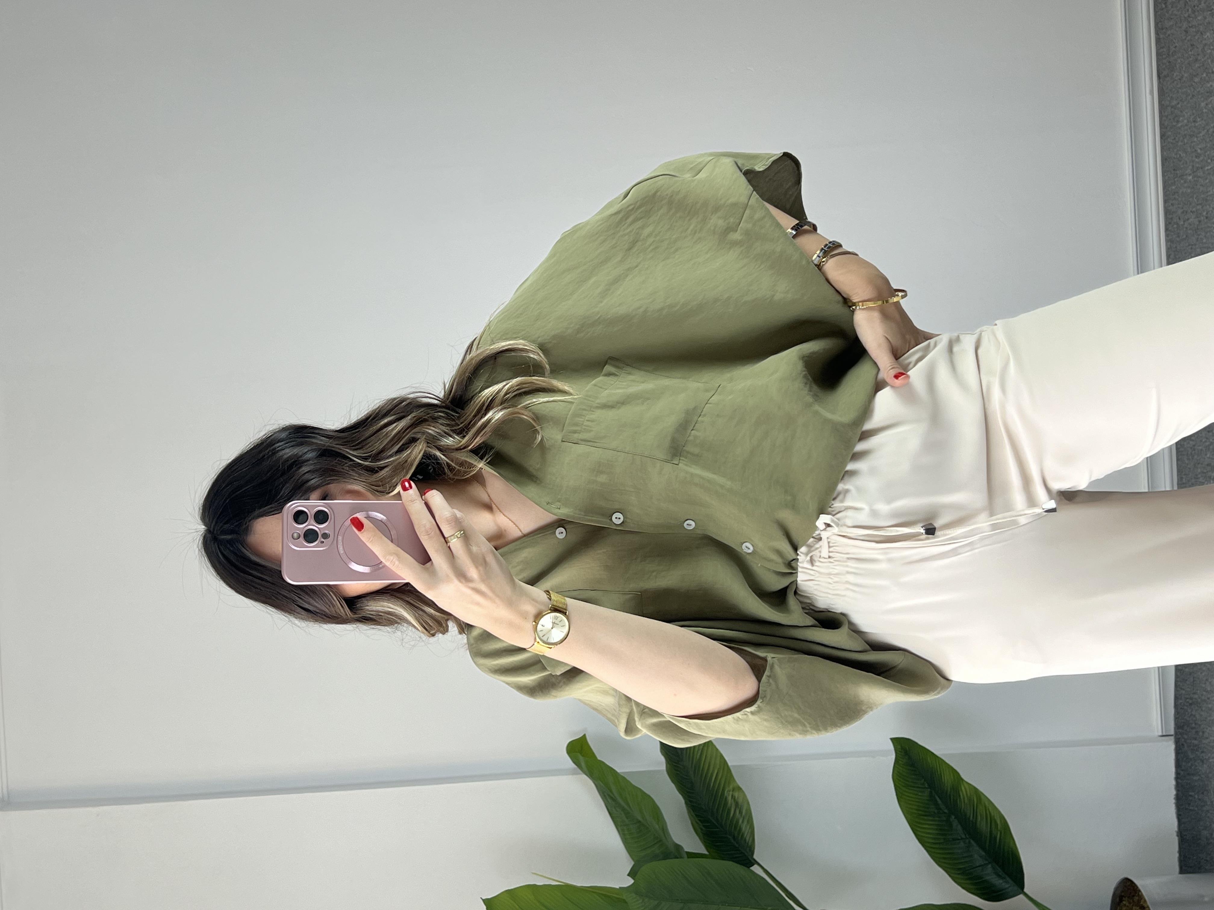 Haki Tensel Yarasa Kol Gömlek