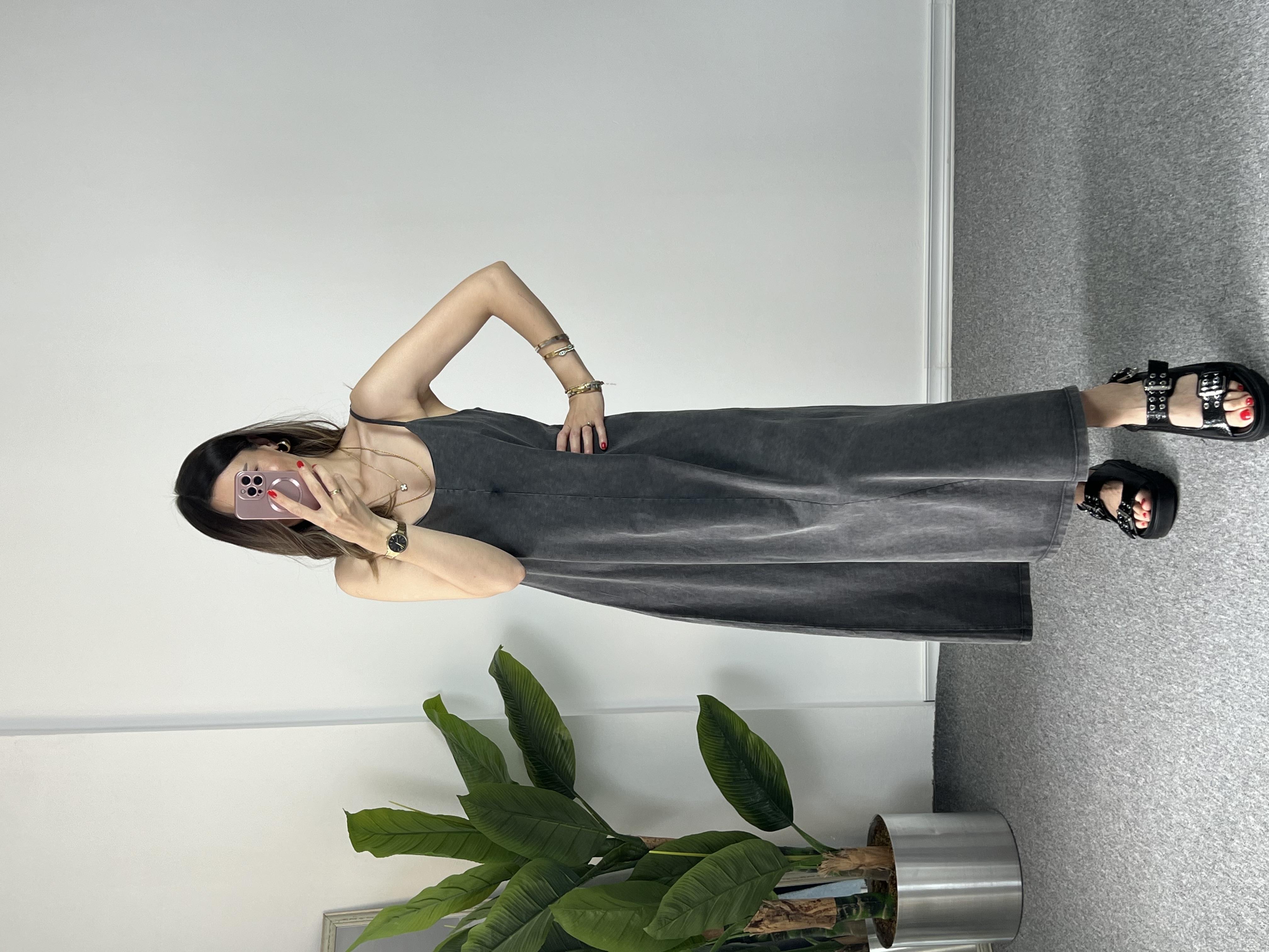 İp Askılı Yıkamalı Antrasit Elbise