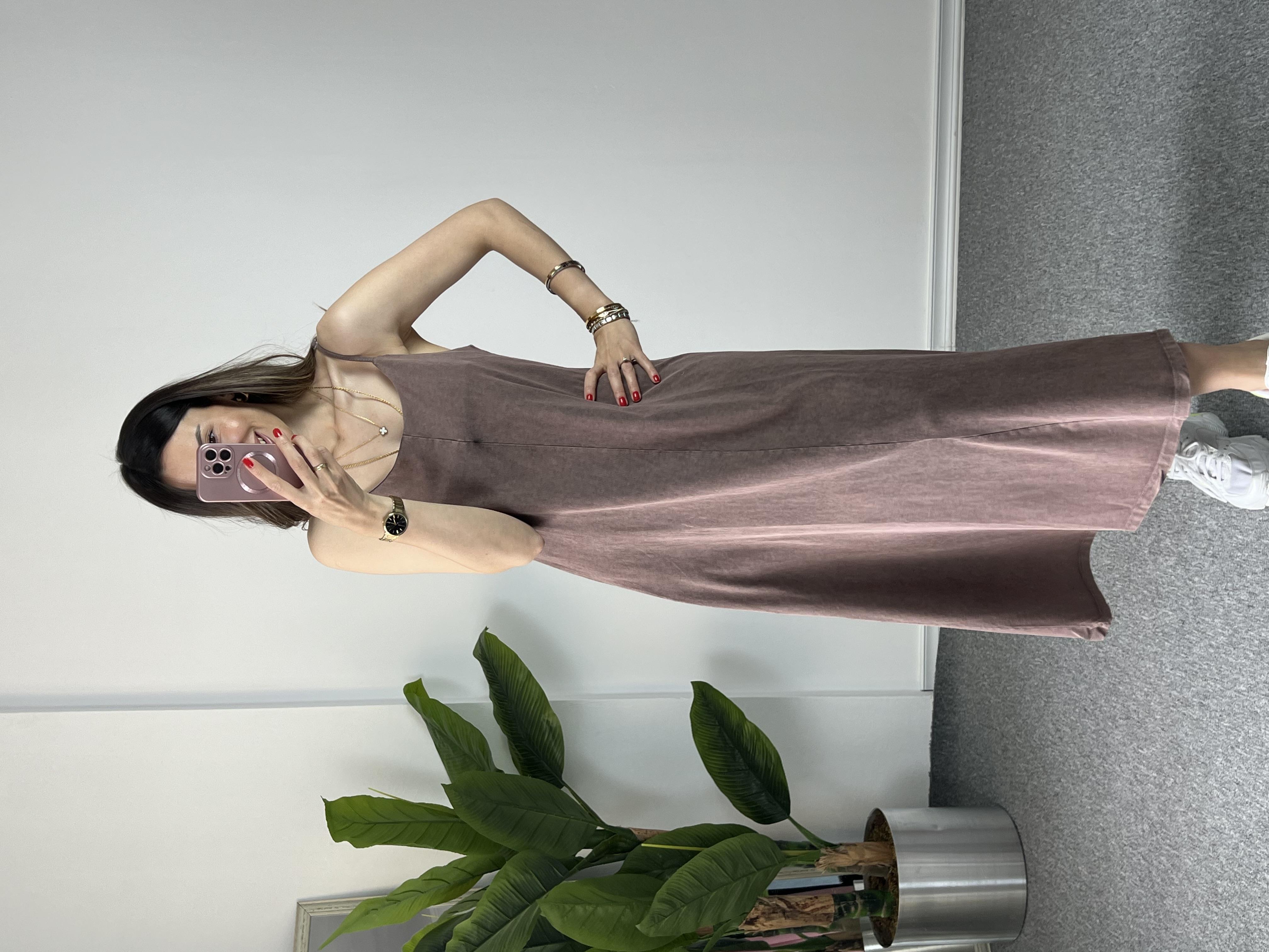 İp Askılı Yıkamalı Kahve Elbise