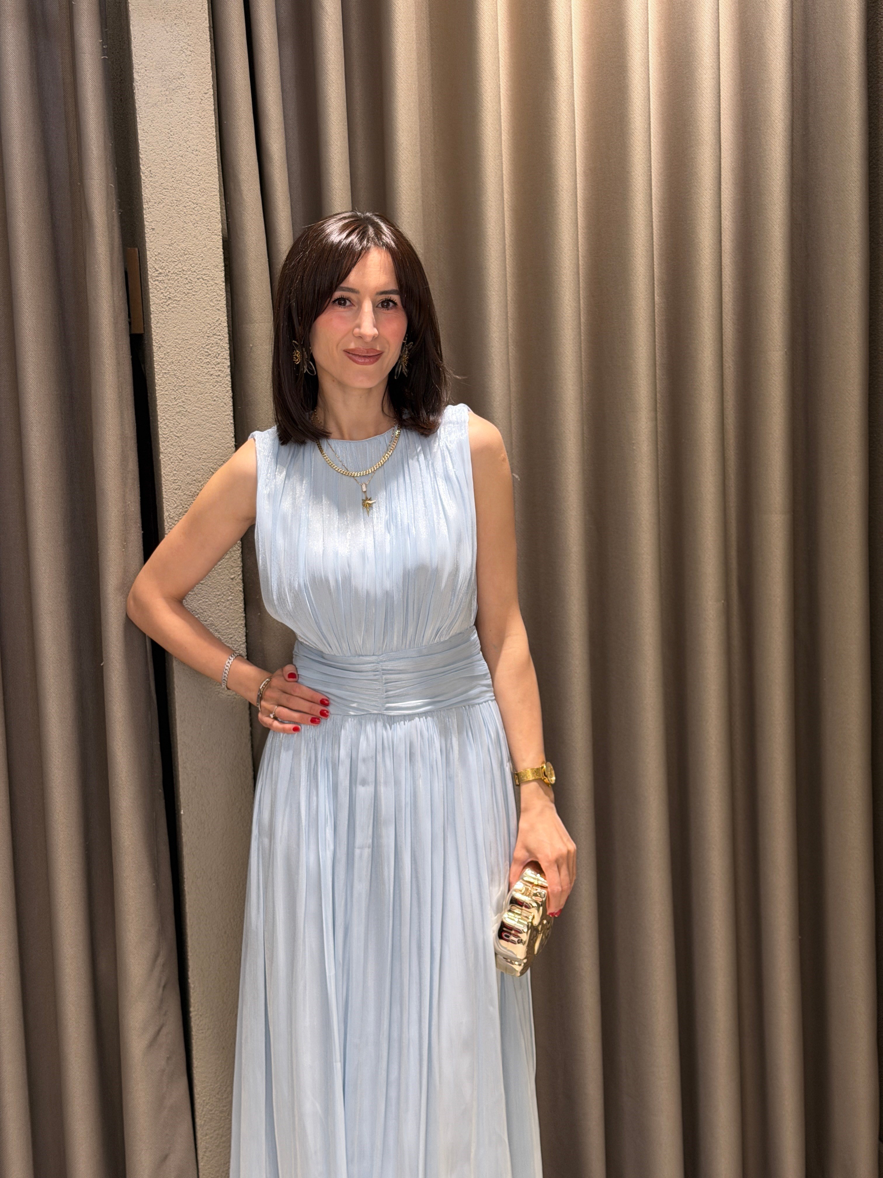 Kavis Yaka Şifon Elbise MAVİ