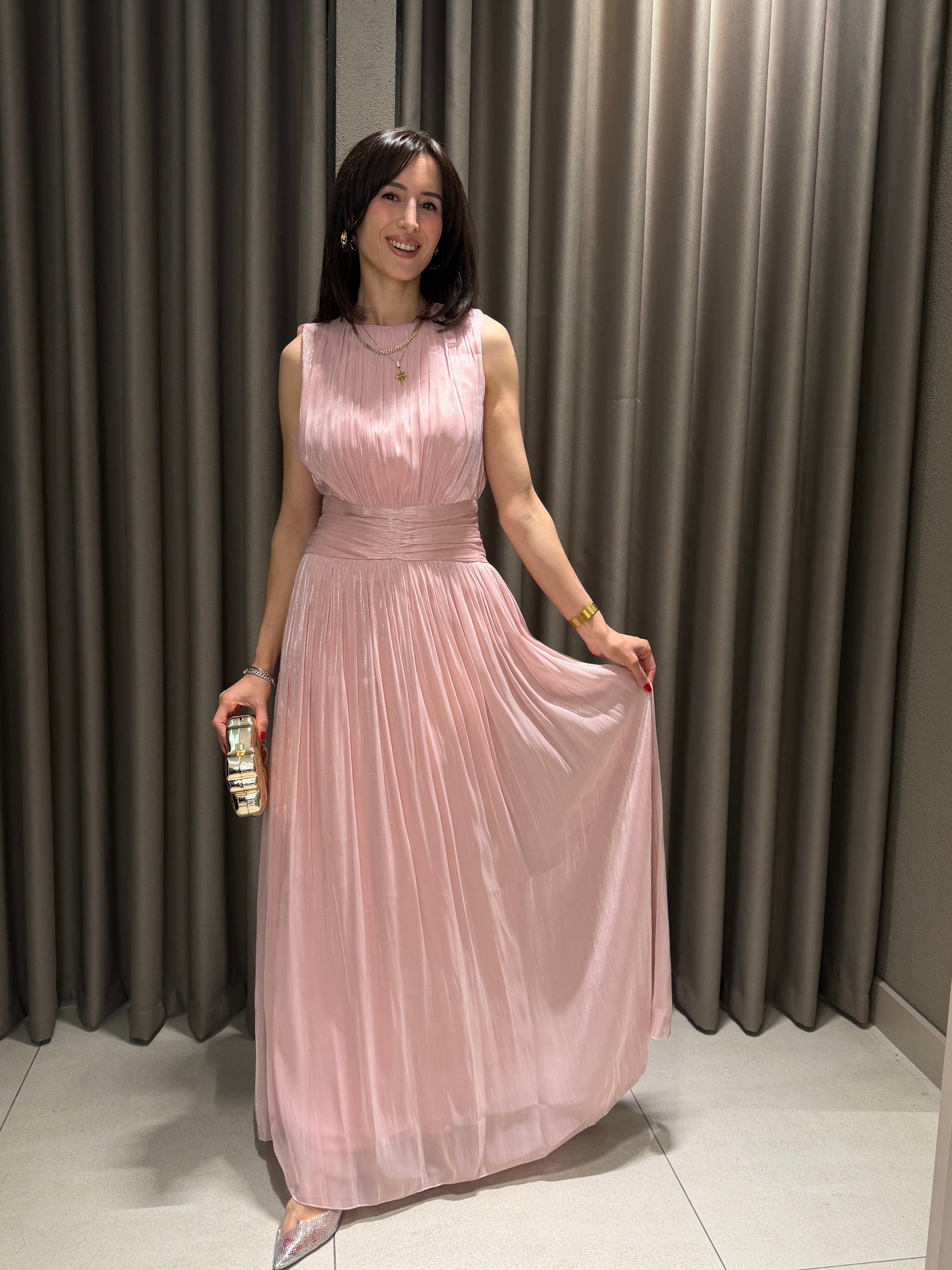 Kavis Yaka Şifon Elbise PEMBE