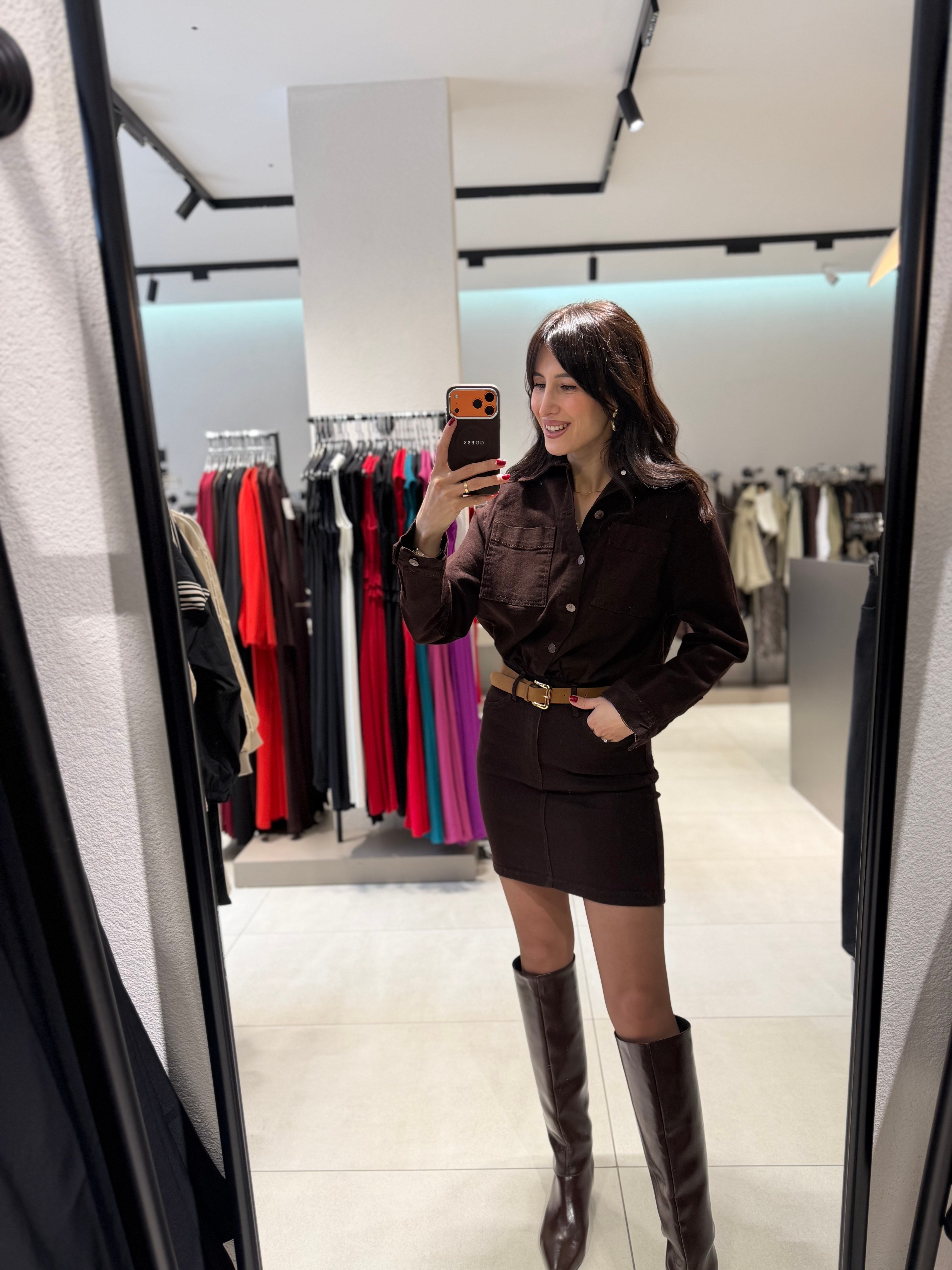 KEMERLİ KOT ELBİSE KAHVE