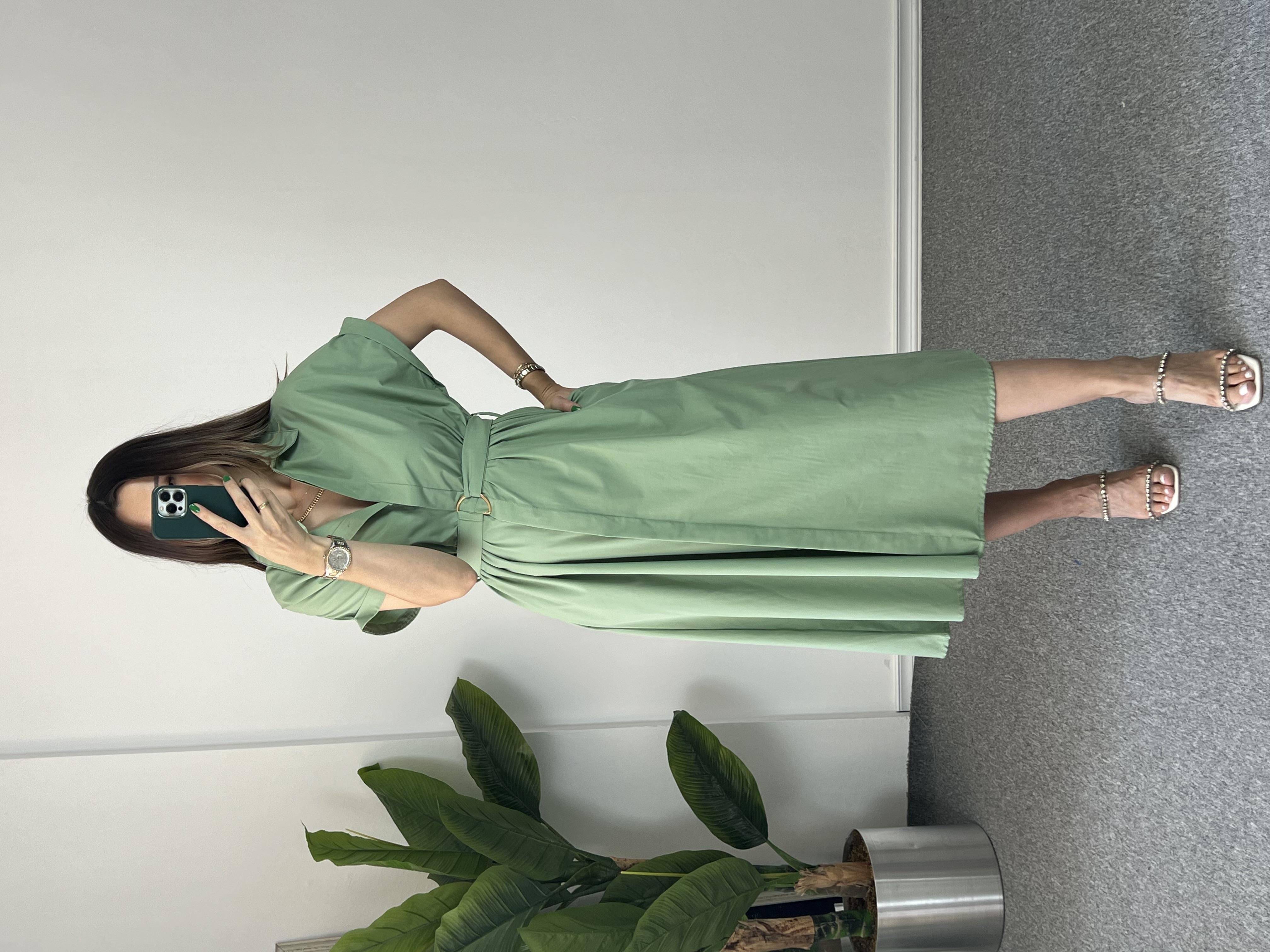 Kemerli Poplin Yeşil Elbise 