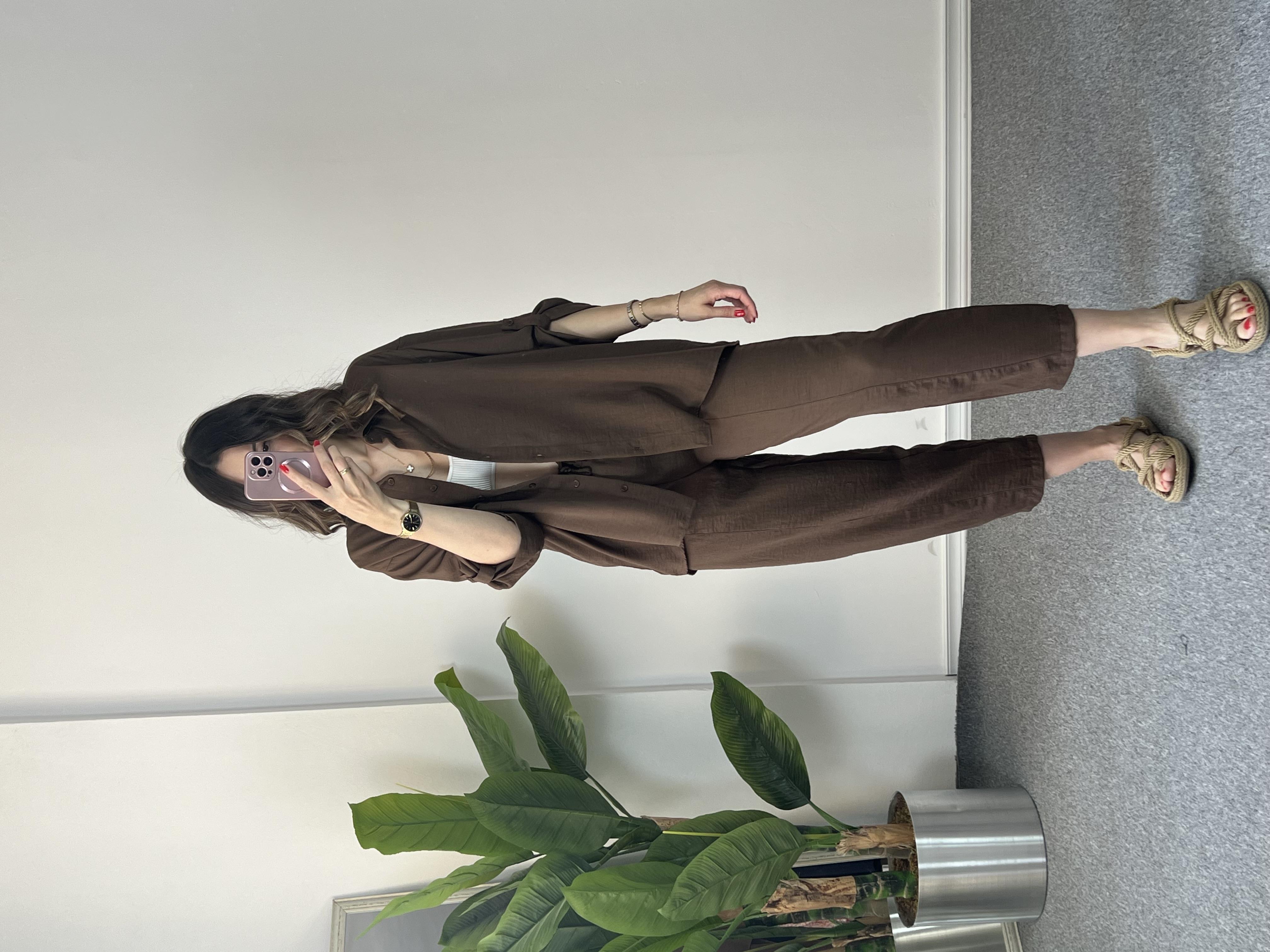 Keten Gömlekli Kahve Takım 