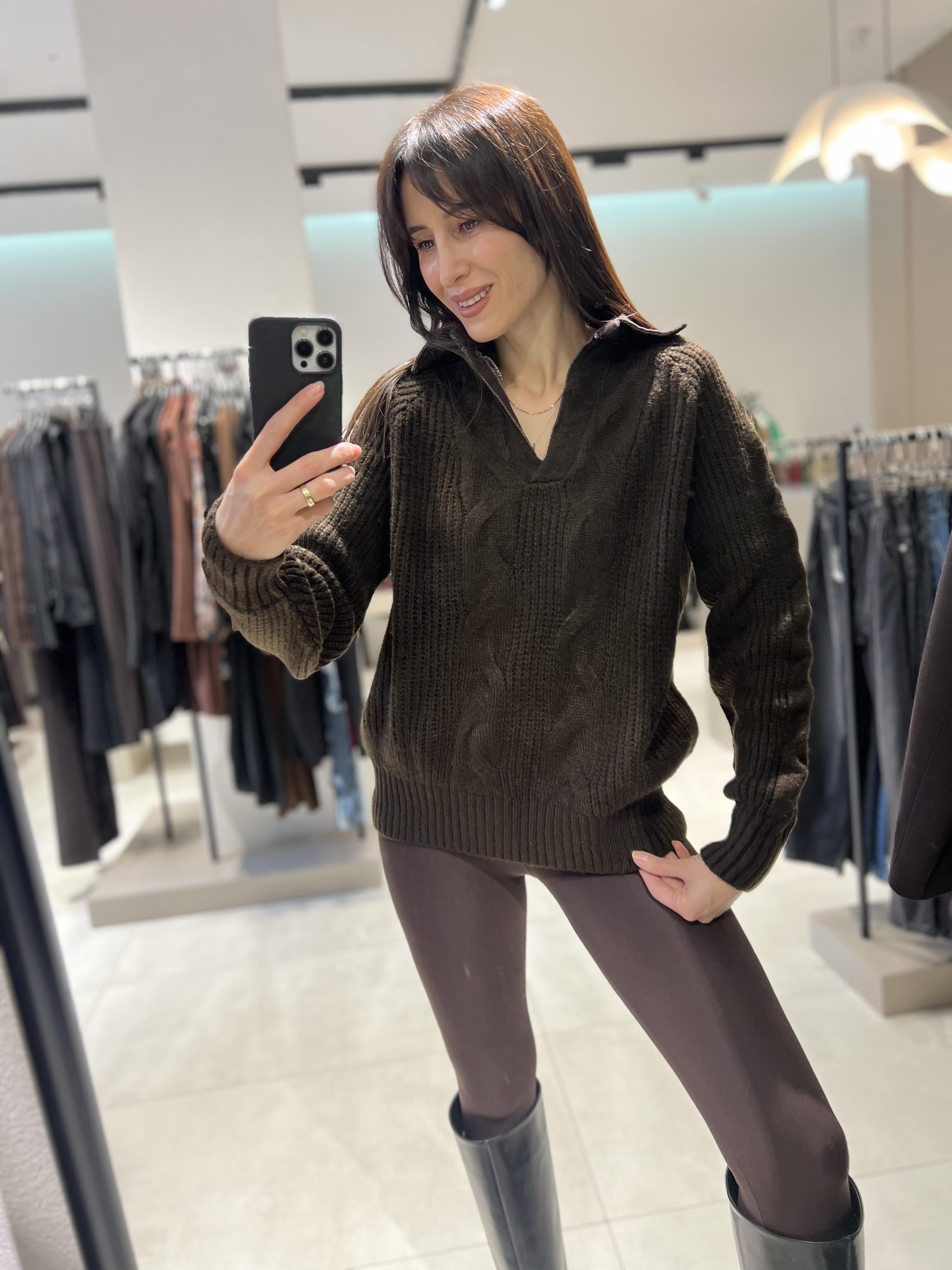 Kot Yaka Saç Örgü Kazak kahve STD