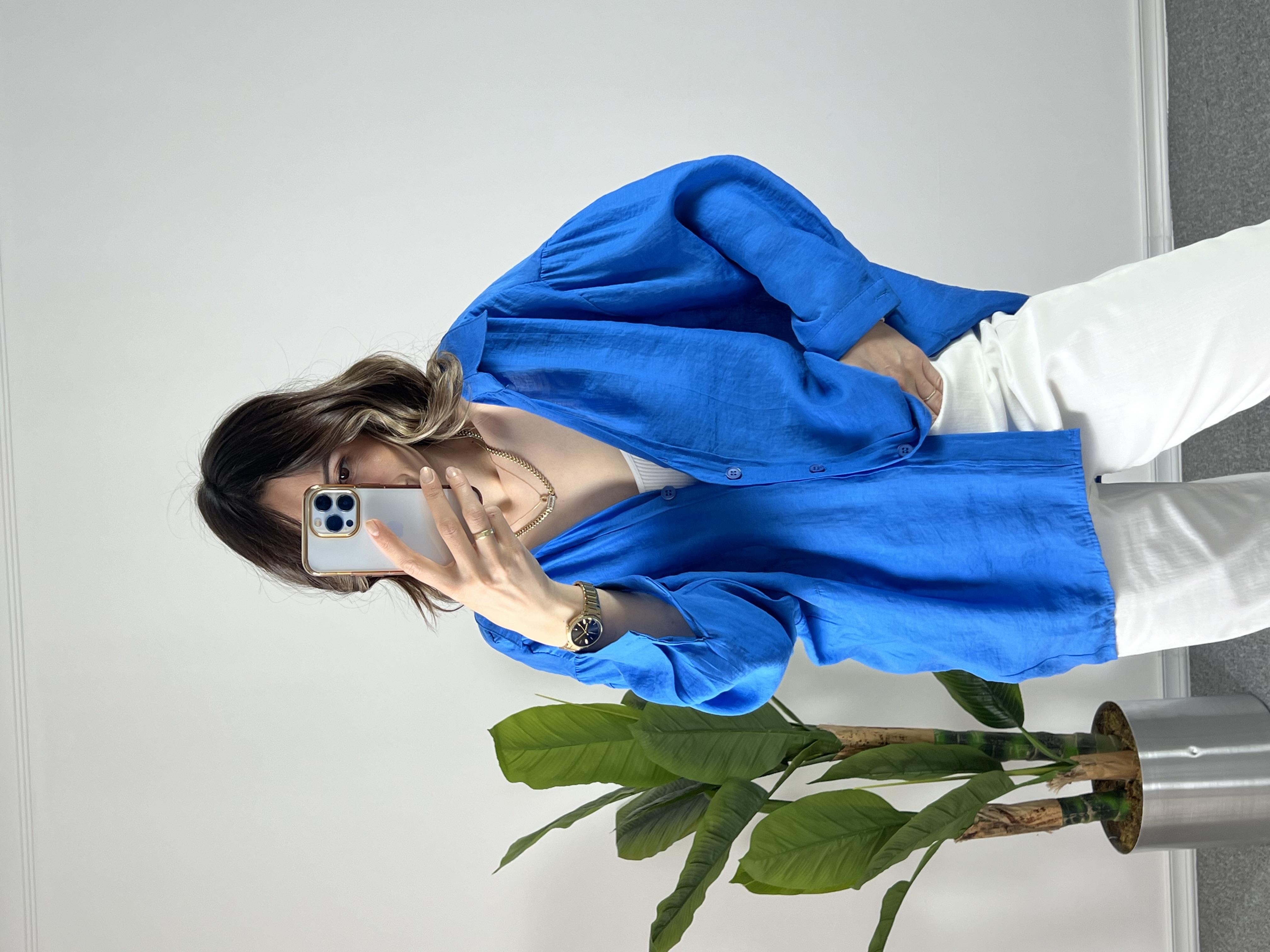 Mavi Düşük Omuz Tensel Gömlek