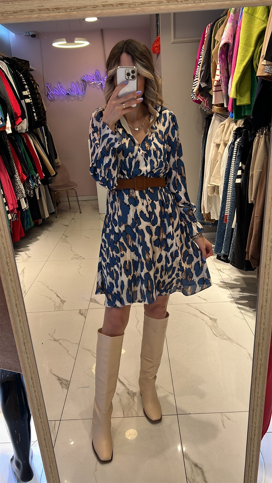 Mavi Şifon Kemerli Elbise