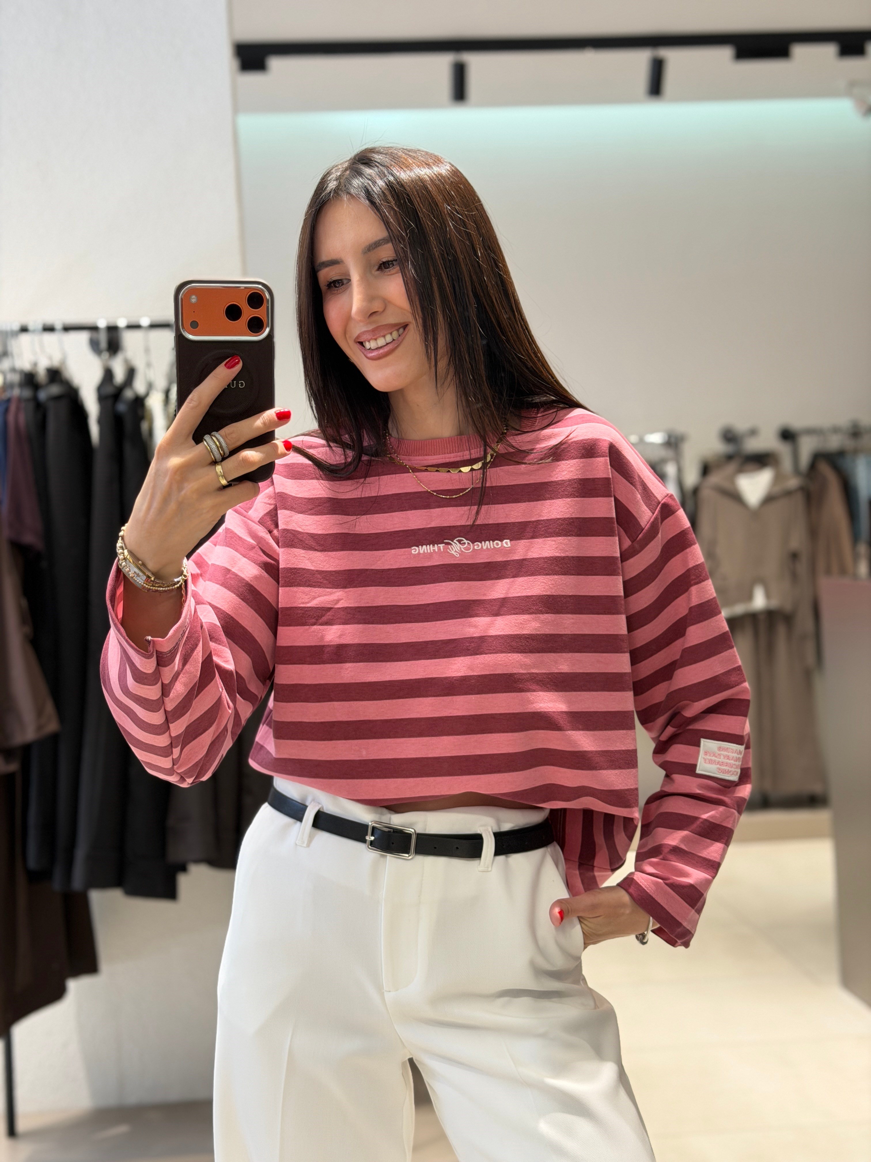 Nakış Çizgili Sweat PEMBE
