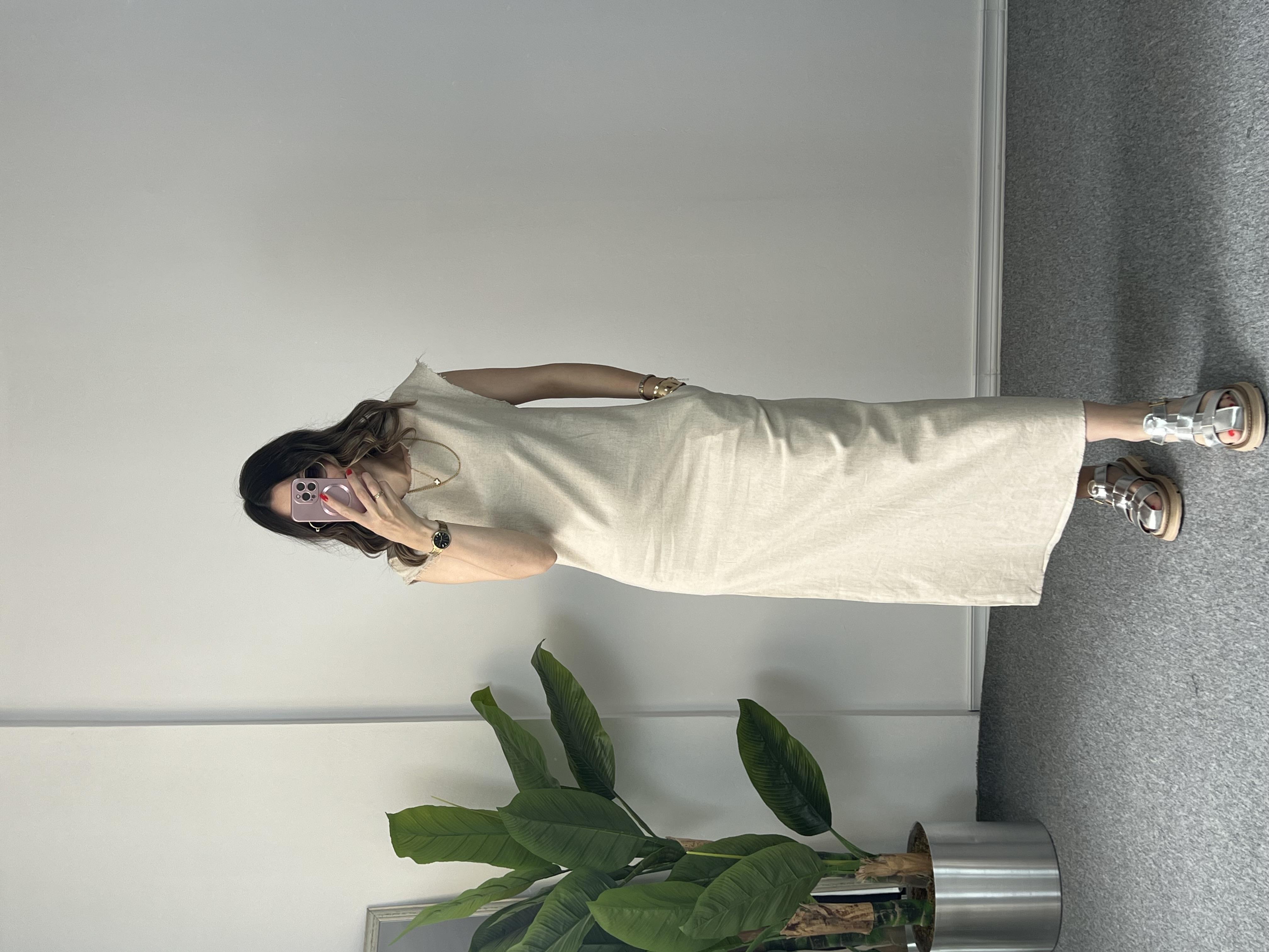 Naturel Keten Midi Boy Elbise