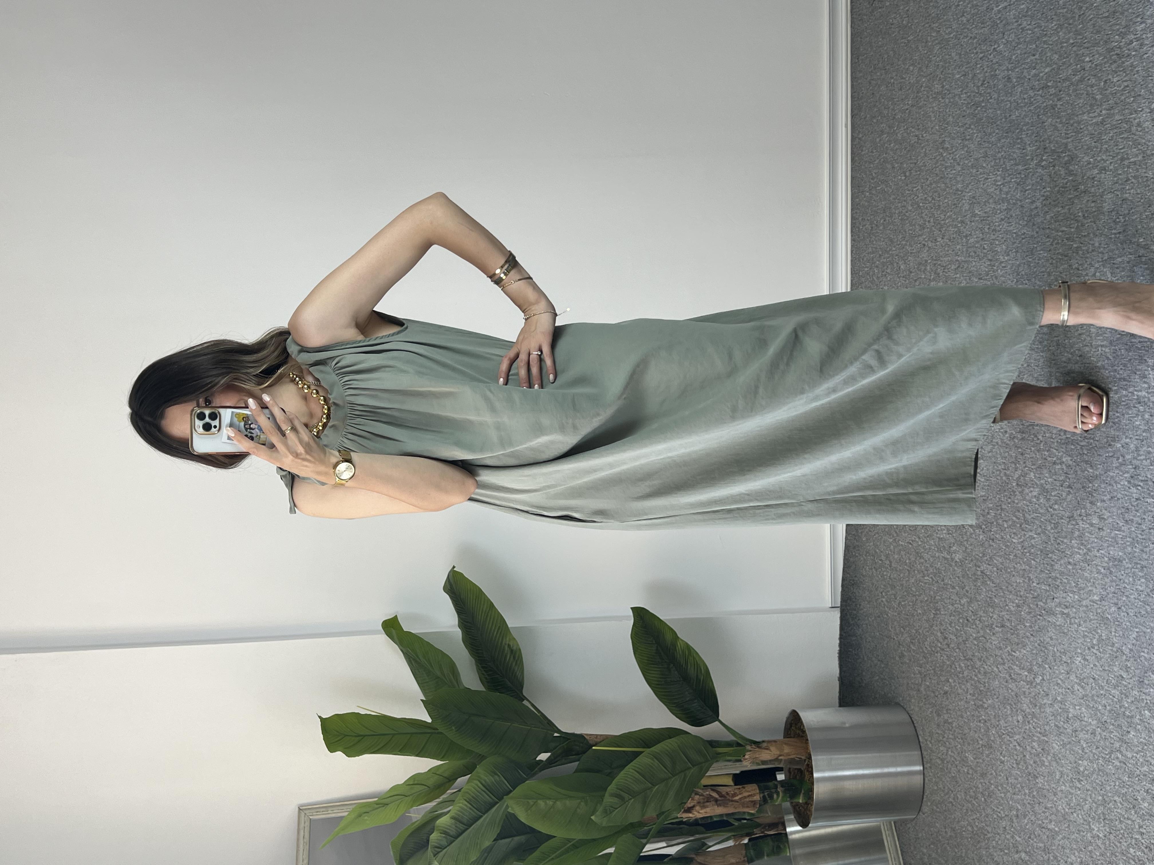 Omzu Bağlamalı Tensel Çağla Elbise