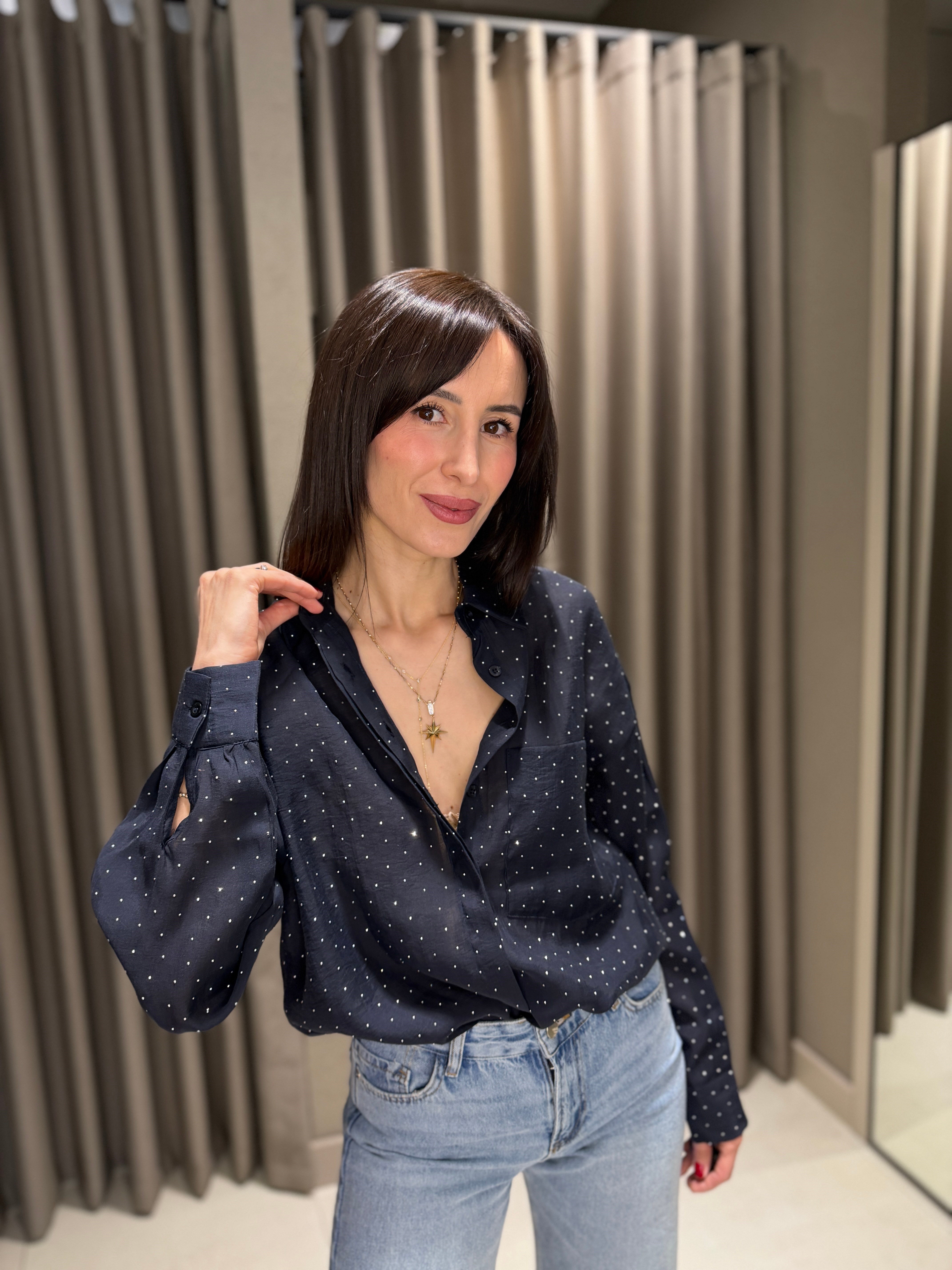 Owersize Taşlı Gömlek LACİVERT