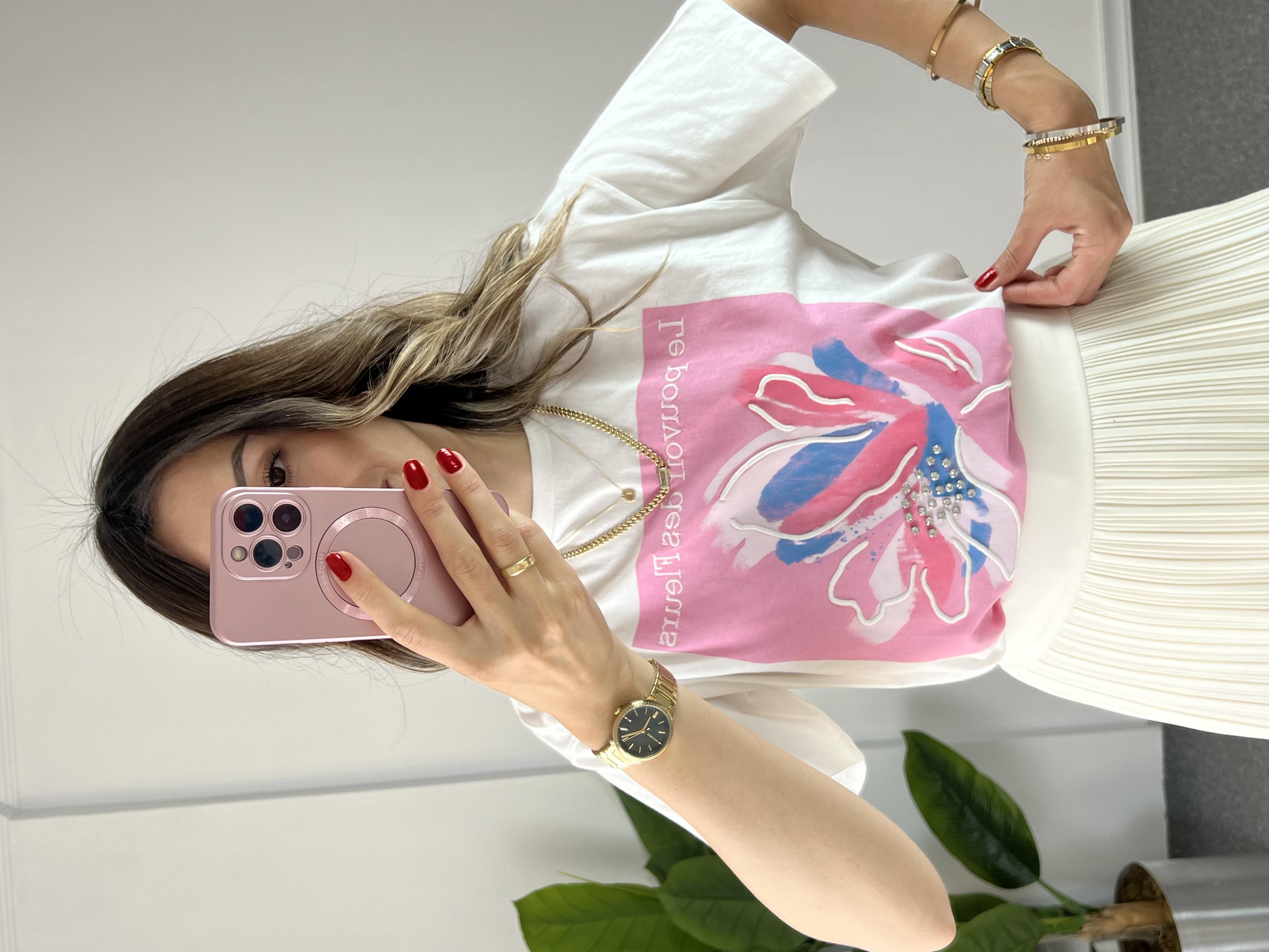 Pembe Baskılı T-shirt