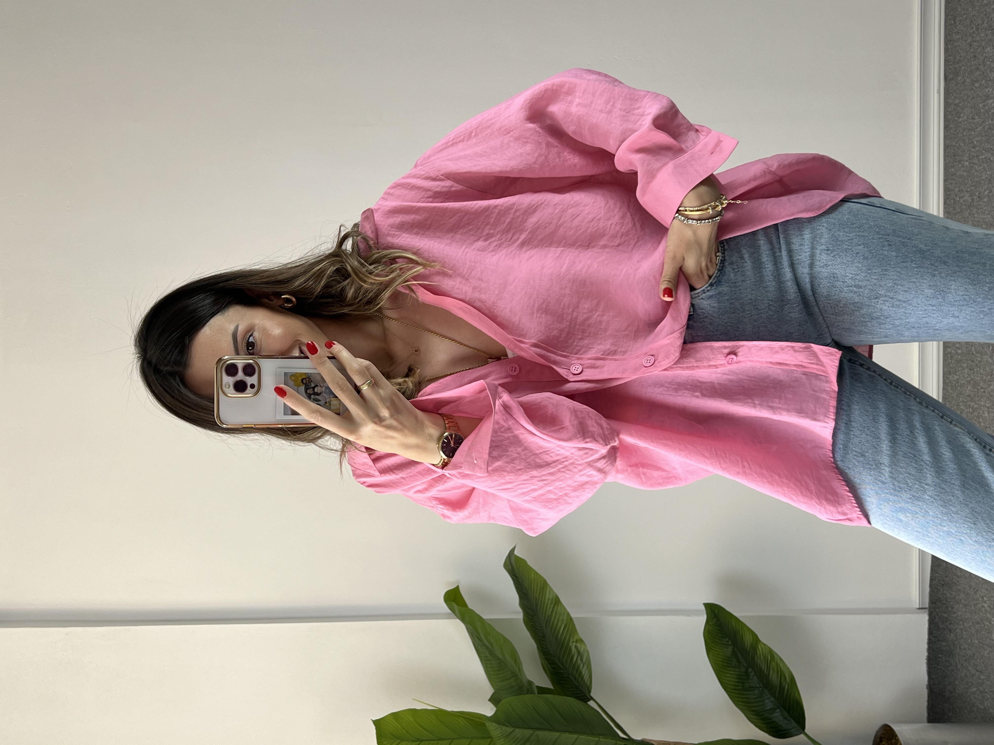 Pembe Düşük Omuz Tensel Gömlek