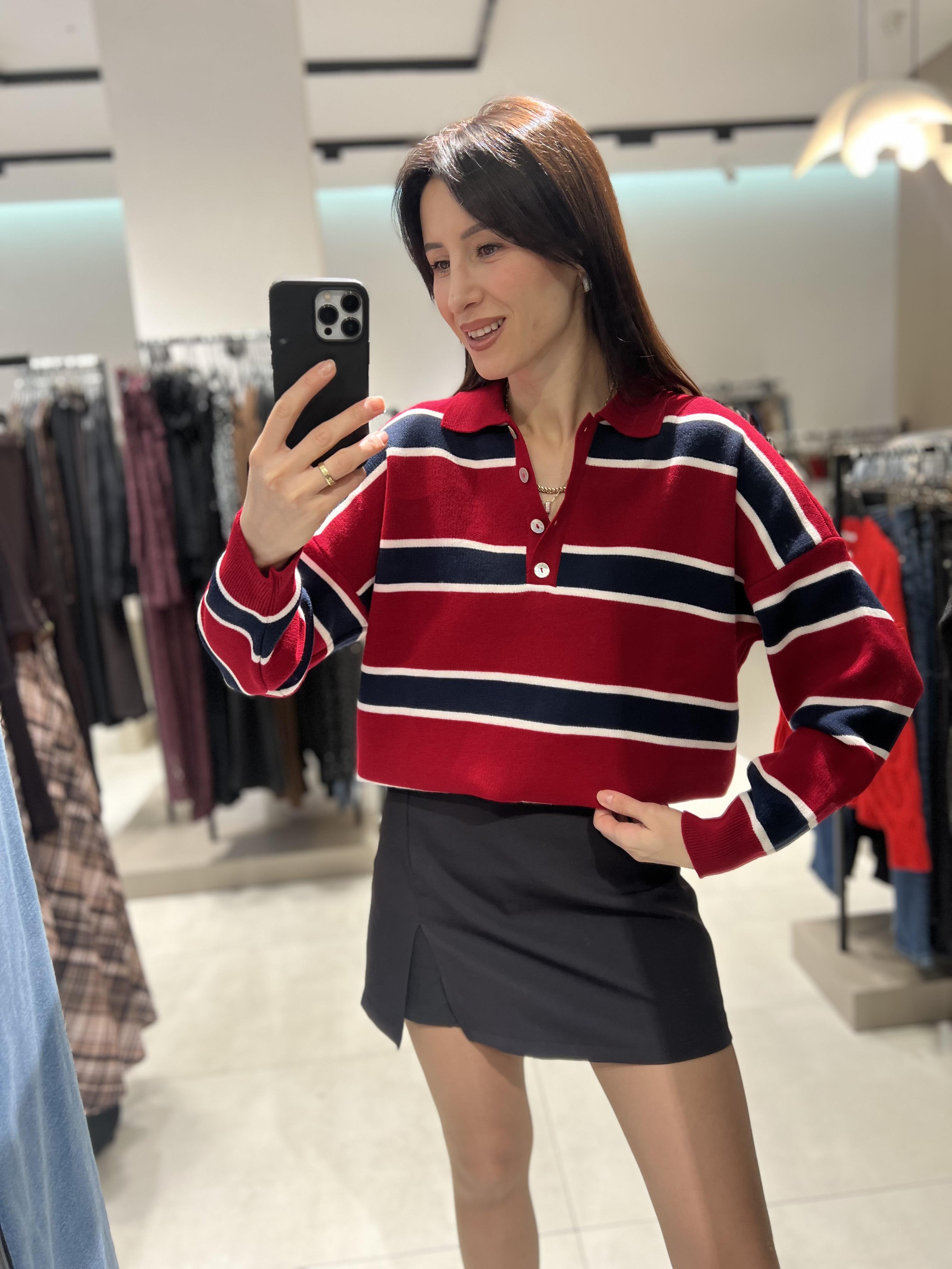 Polo Yaka Çizgili Kazak KIRMIZI