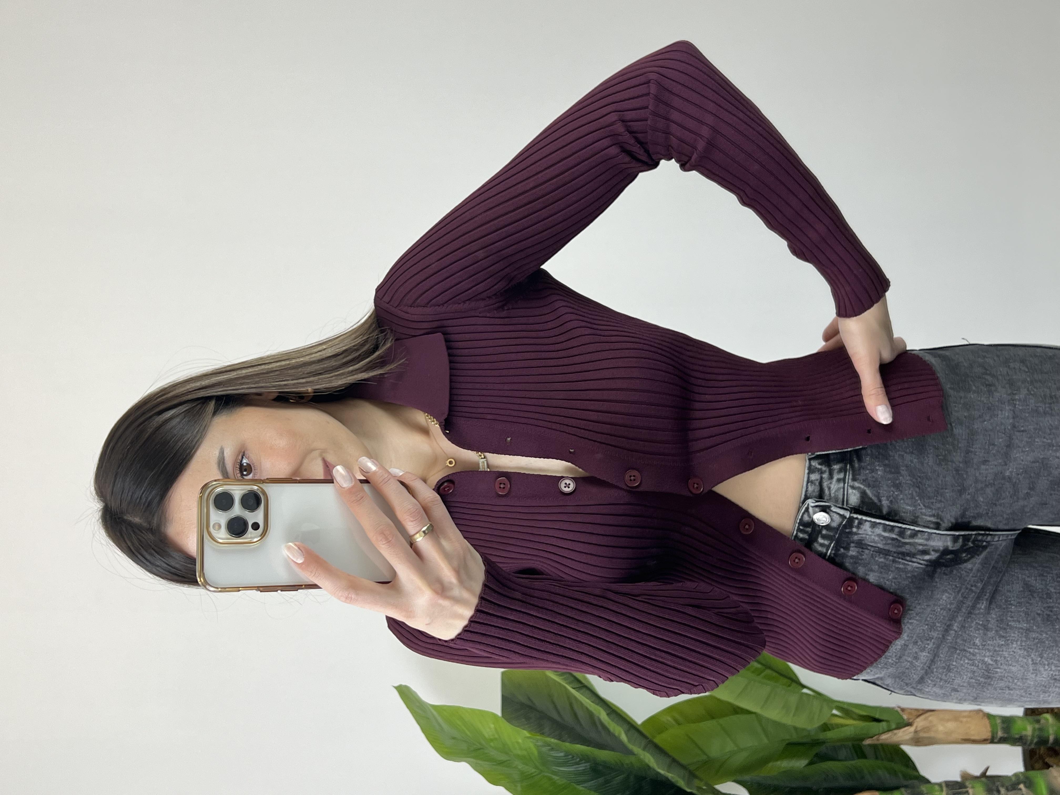 Polo Yaka Düğmeli Bordo Hırka