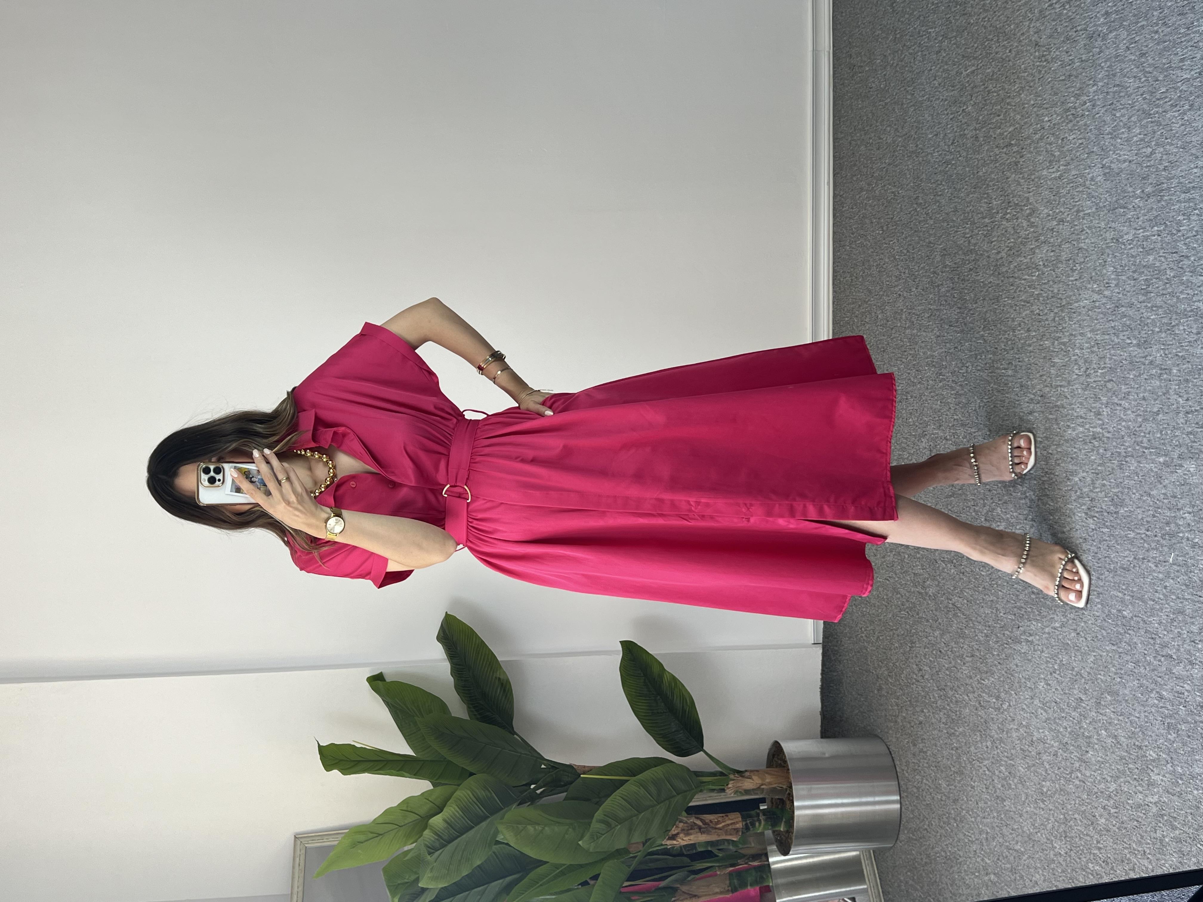 Poplin Fuşya Midi Boy Elbise