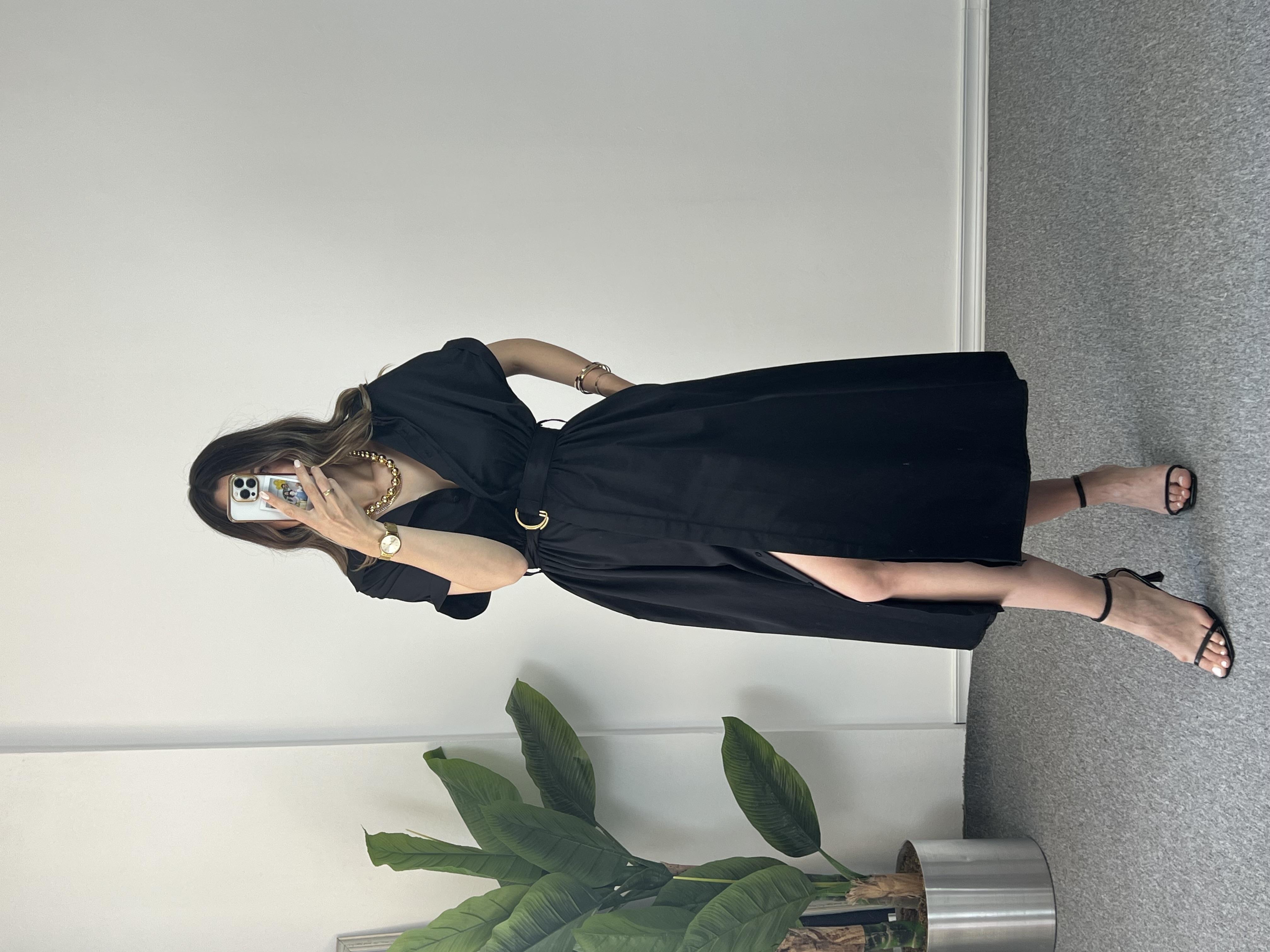 Poplin Siyah Midi Boy Elbise