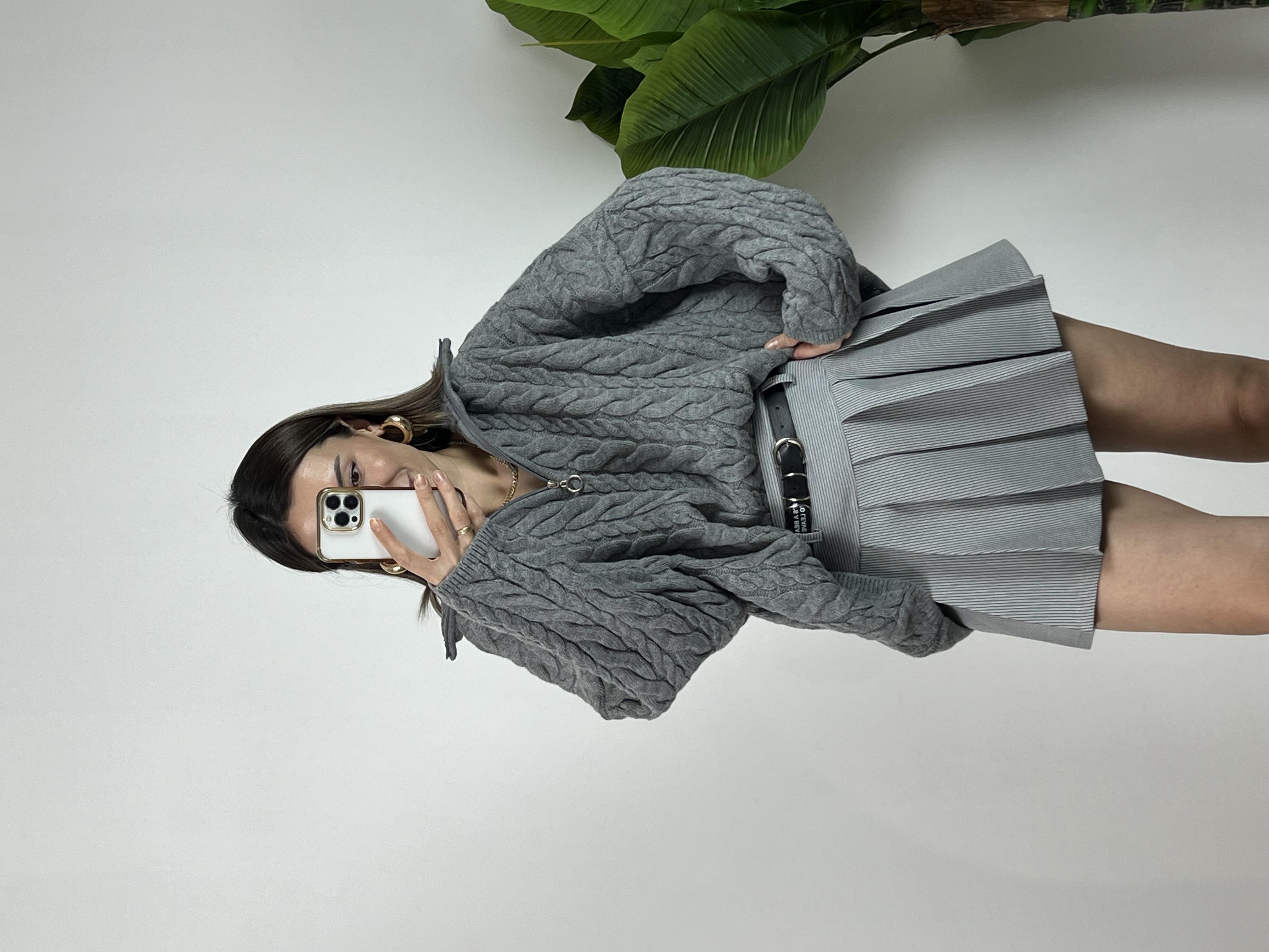 SAÇ ÖRGÜLÜ FERMUARLI GRİ KAZAK