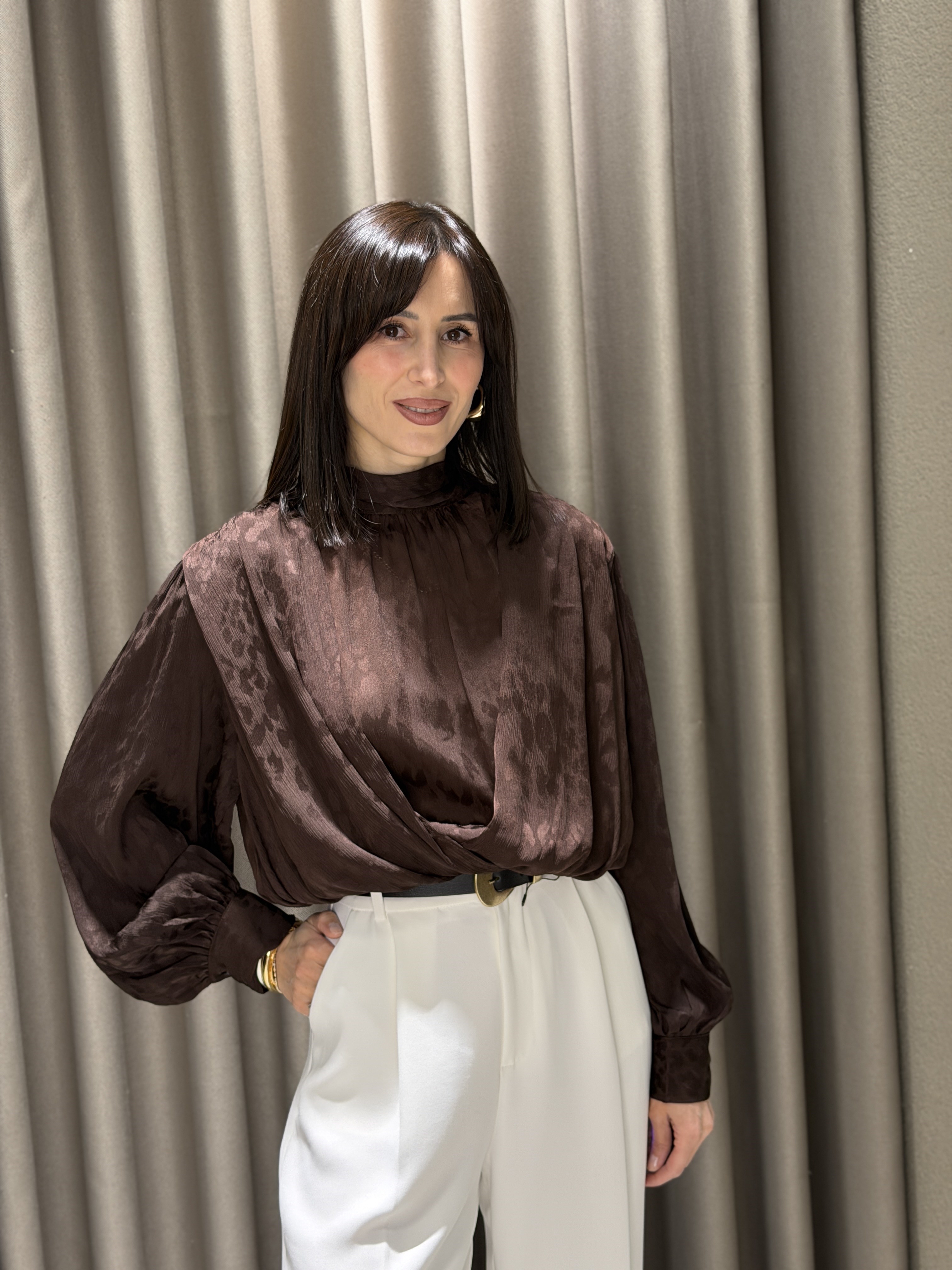 Saten Desenli Bluz KAHVE