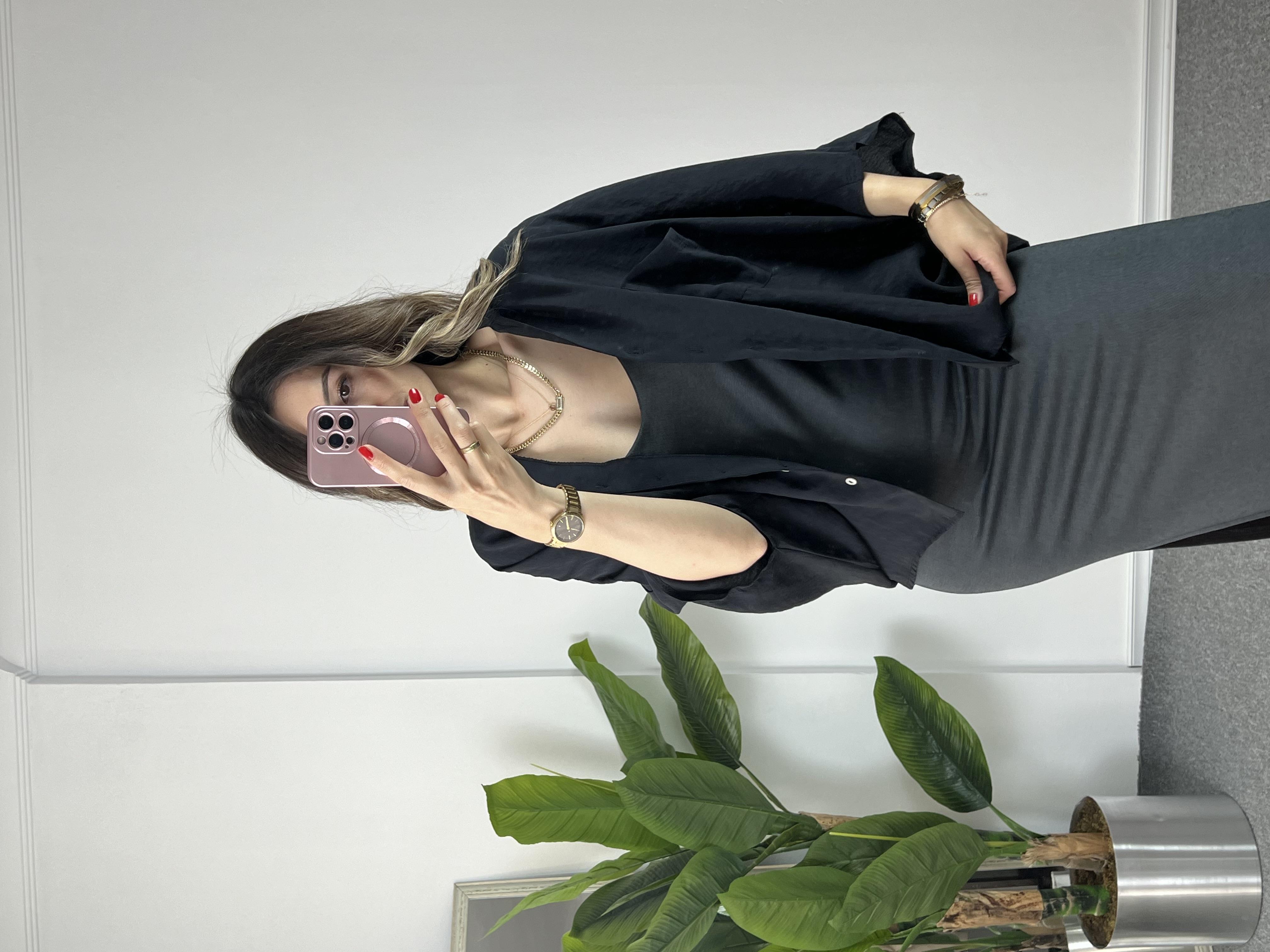 Siyah Tensel Yarasa Kol Gömlek