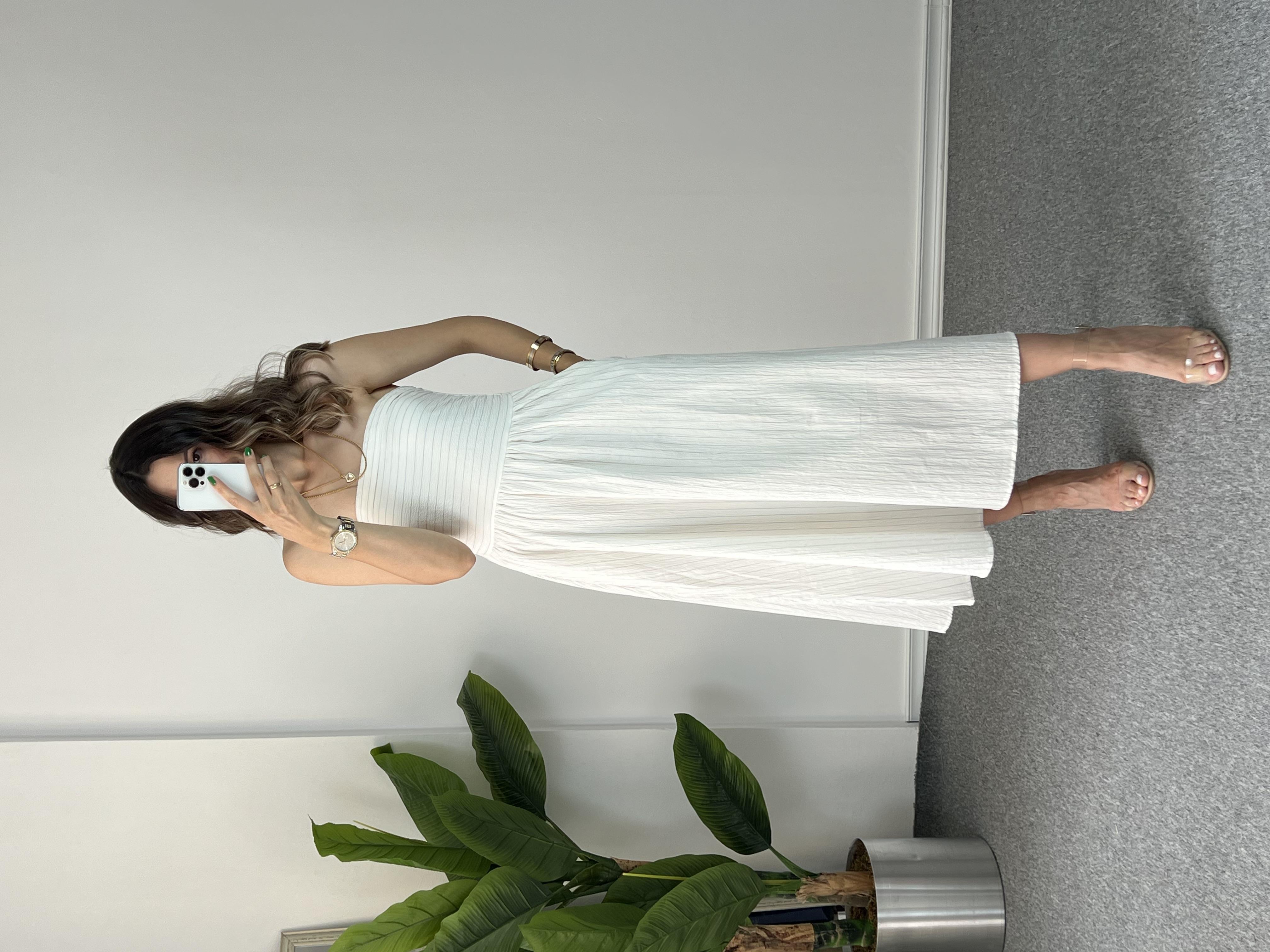 Straplez Beyaz Keten Elbise