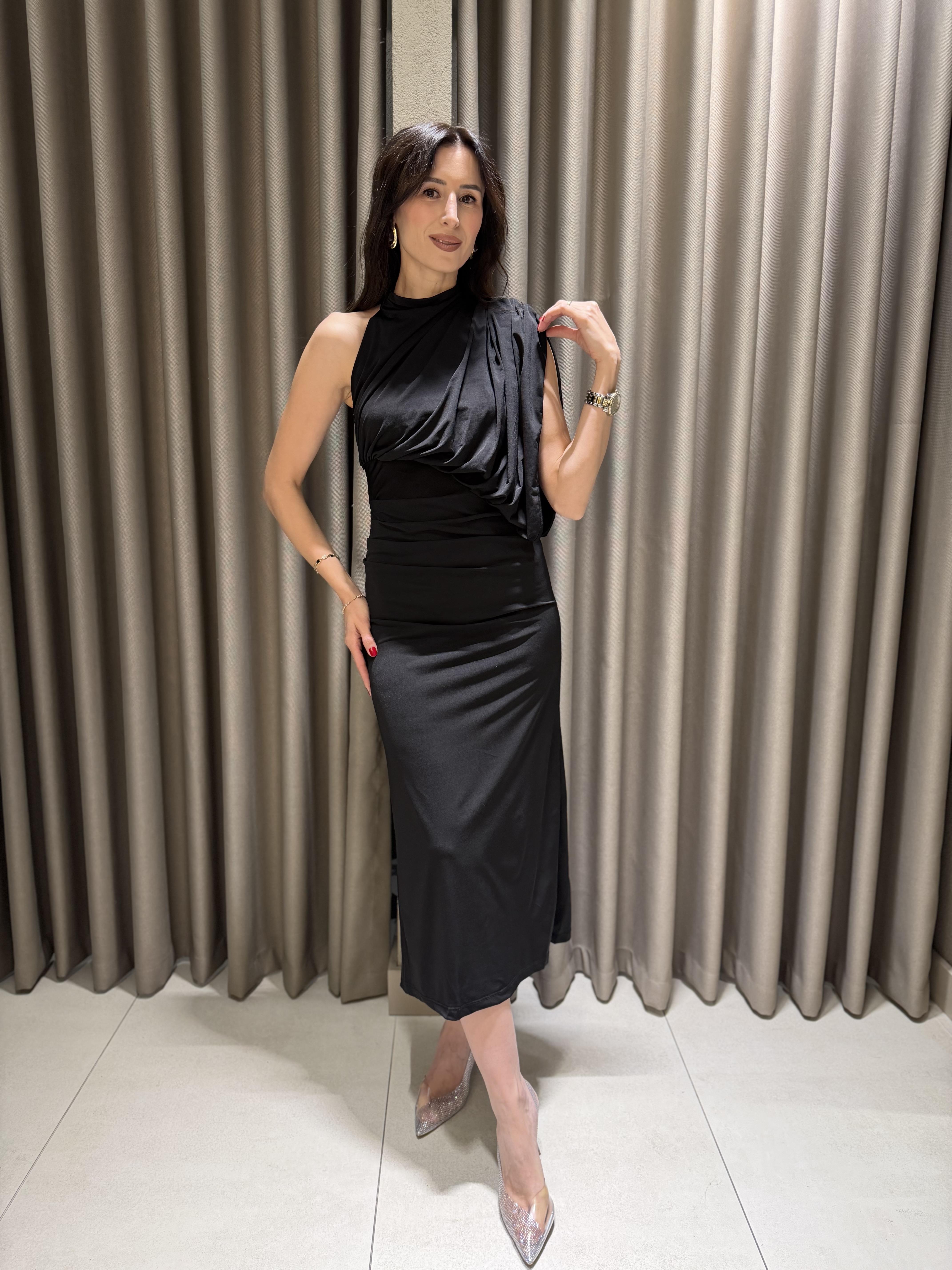 TEK OMUZ DRAPELİ ELBİSE SİYAH