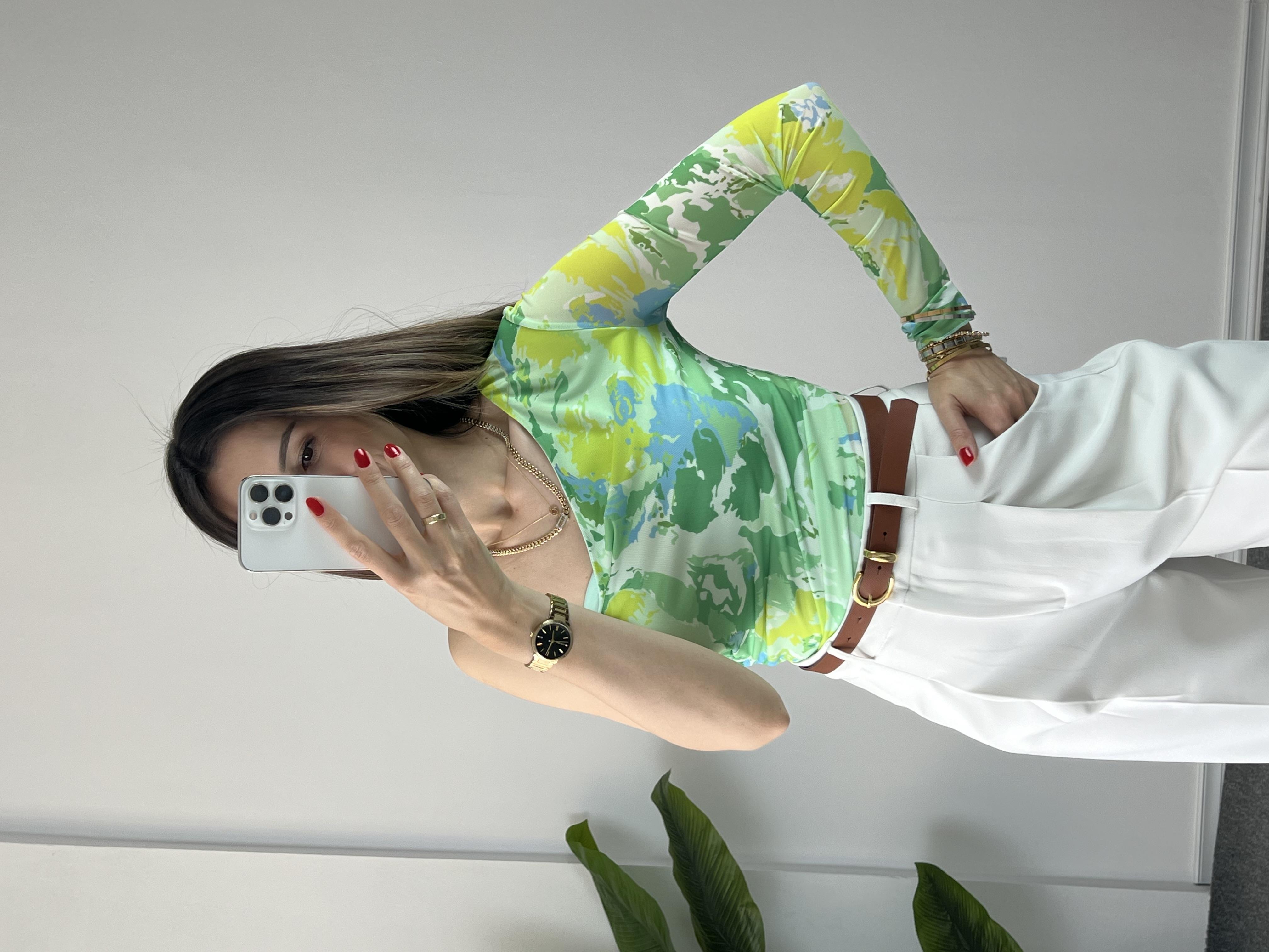 Tek Omuz Tül Yeşil Desenli Bluz