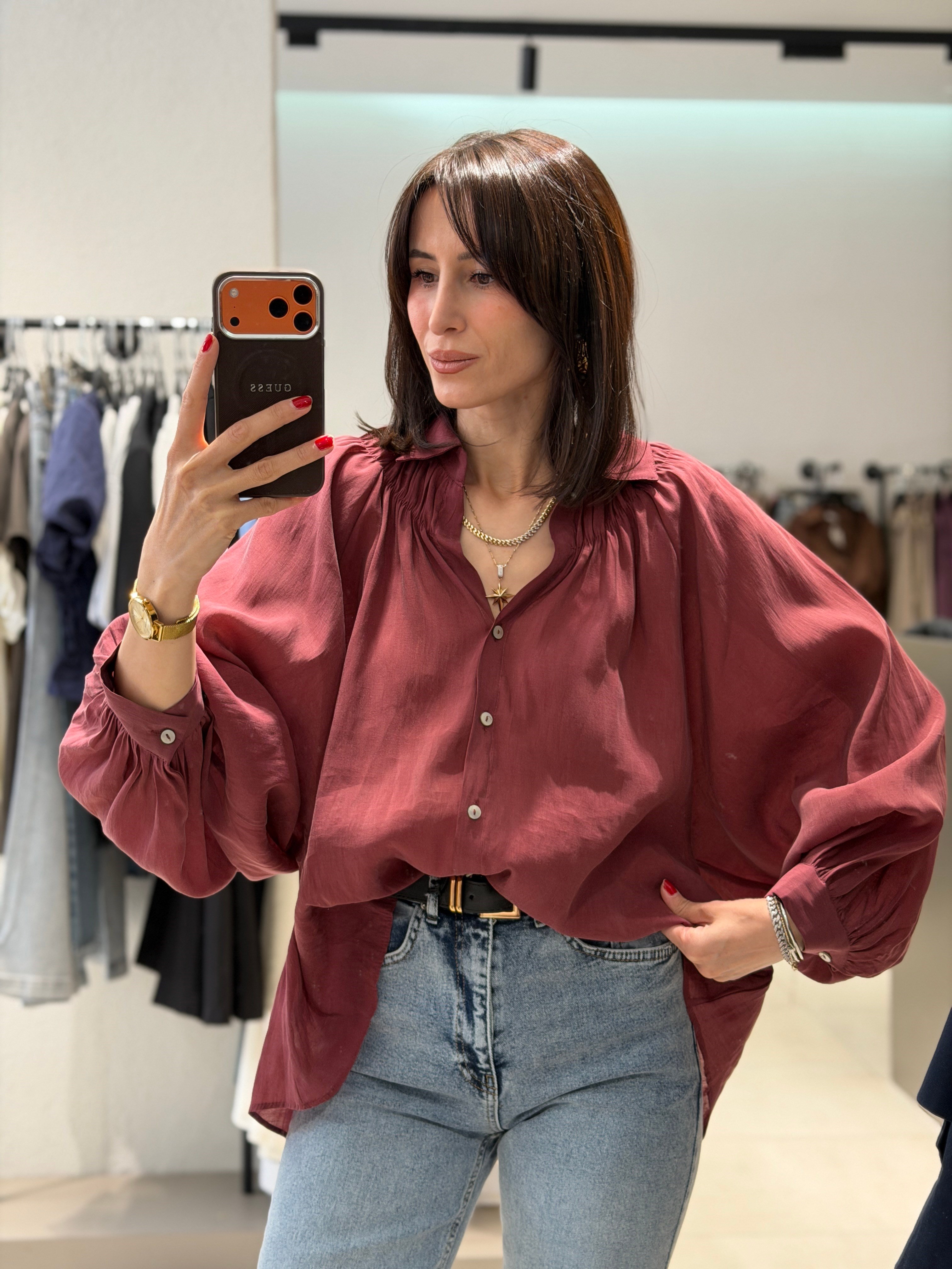 Transparan Balon Kol Tül Gömlek BORDO