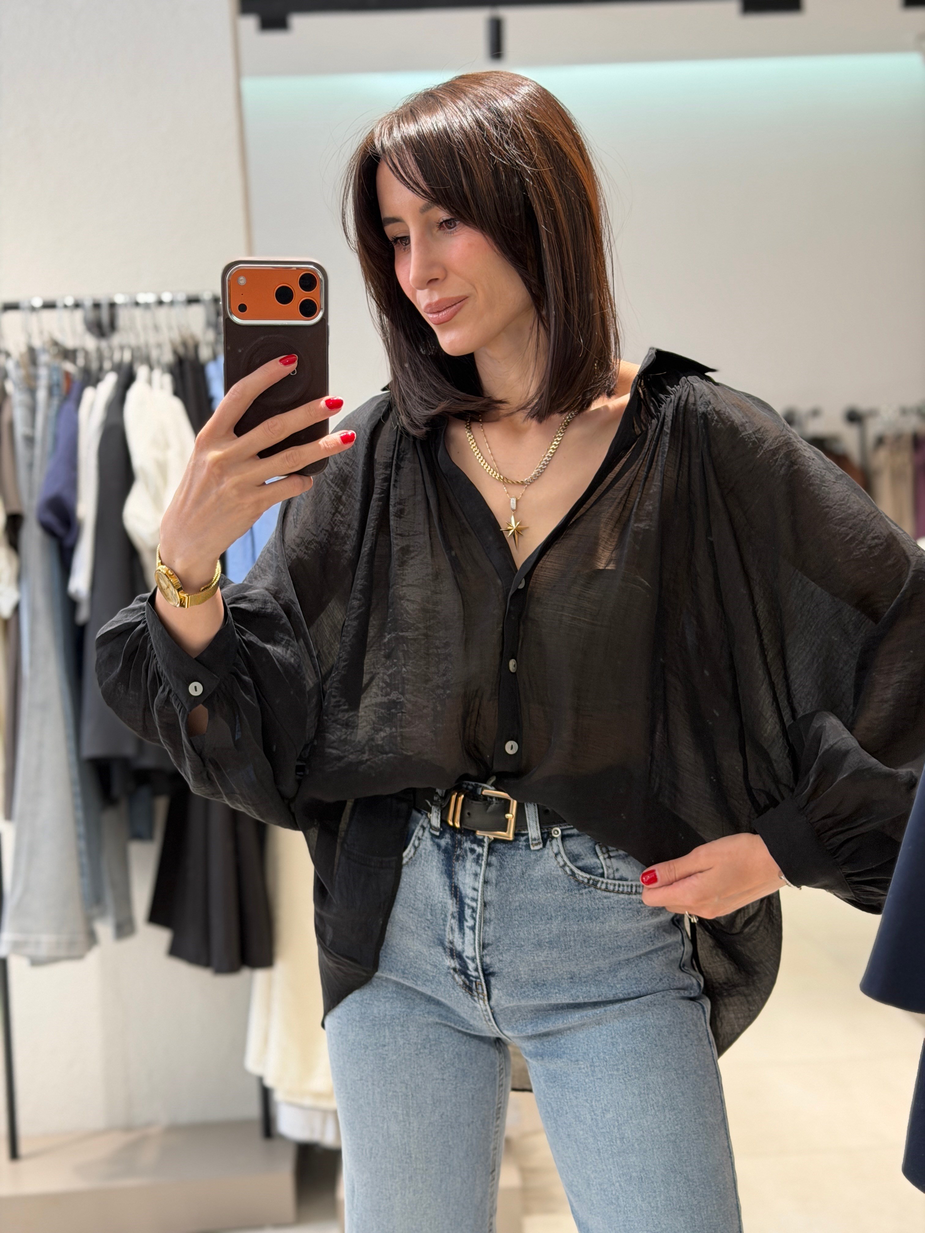 Transparan Balon Kol Tül Gömlek SİYAH