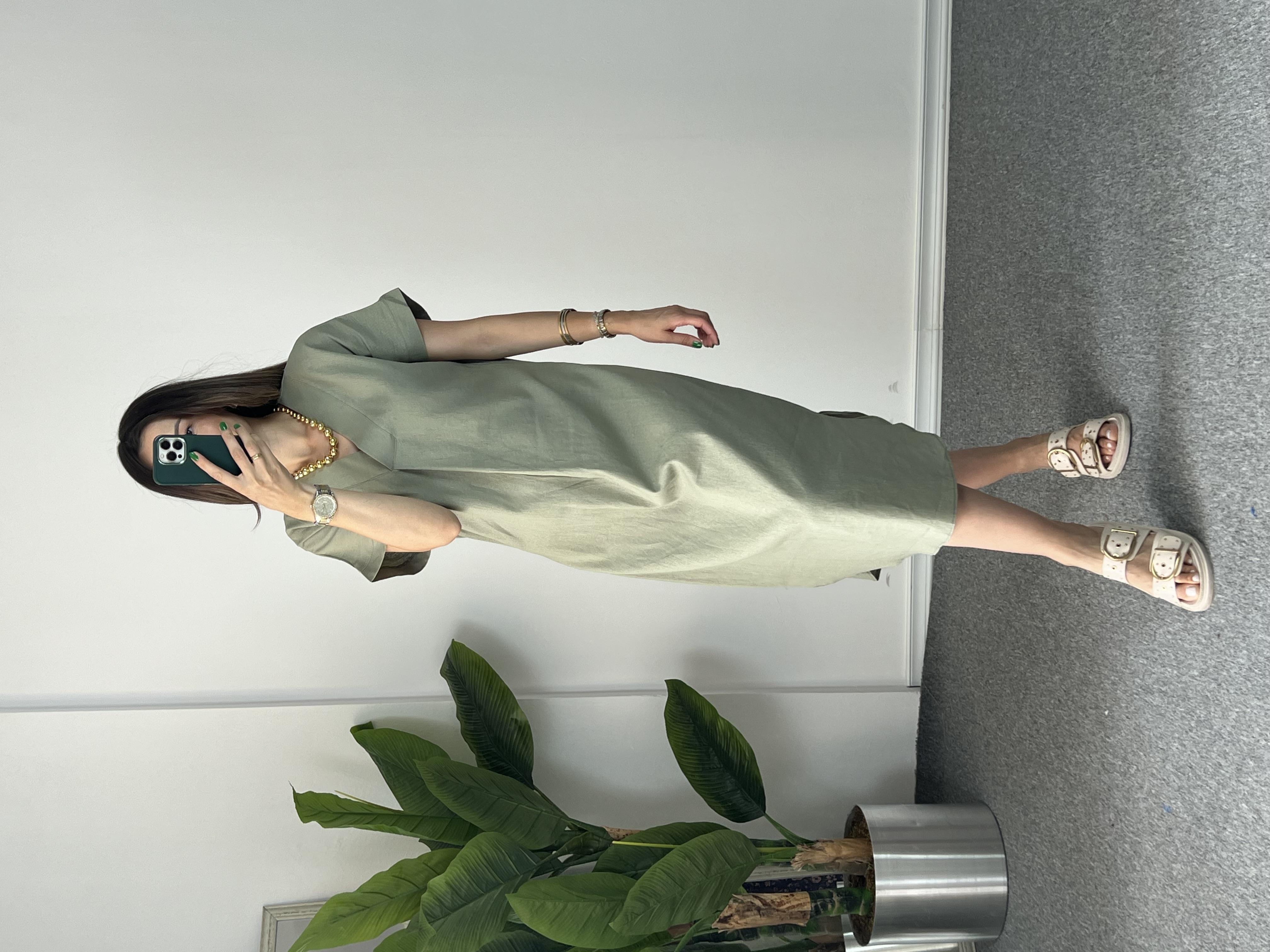 V Yaka Çağla Ham Keten Elbise