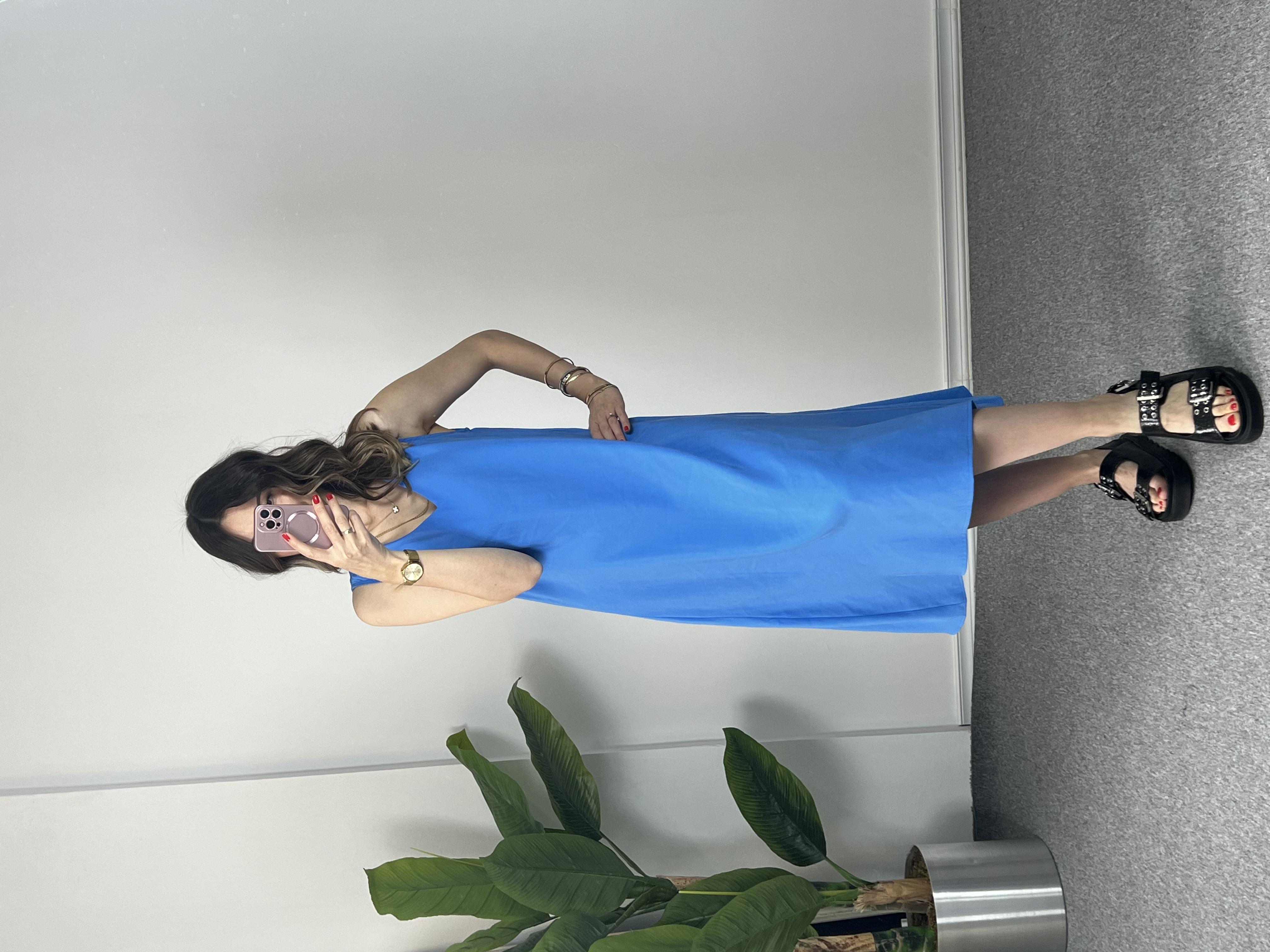 V Yaka Mavi Midi Boy Elbise